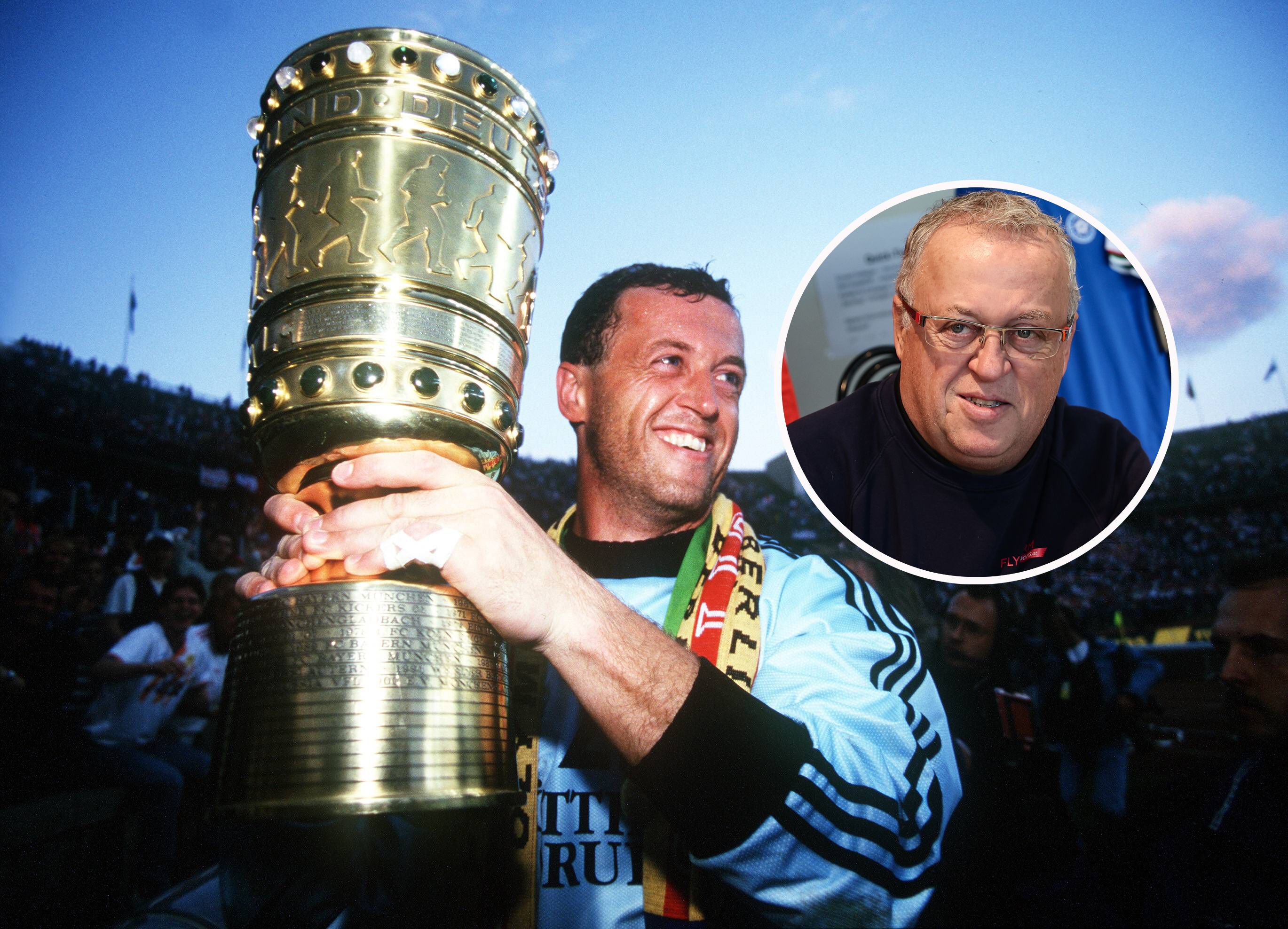 Franz Wohlfahrt 1997 mit DFB-Pokal (l.) und im Gespräch mit 