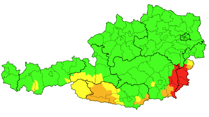 Aktuelle Unwetterwarnungen: Im Westen Kärntens und Osttirols gibt es starken Regen, im Südburgenland und der Steiermark Hagelgewitter.