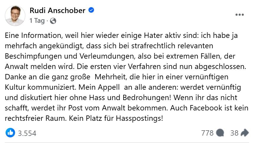 Rudolf Anschobers Ansage auf Facebook