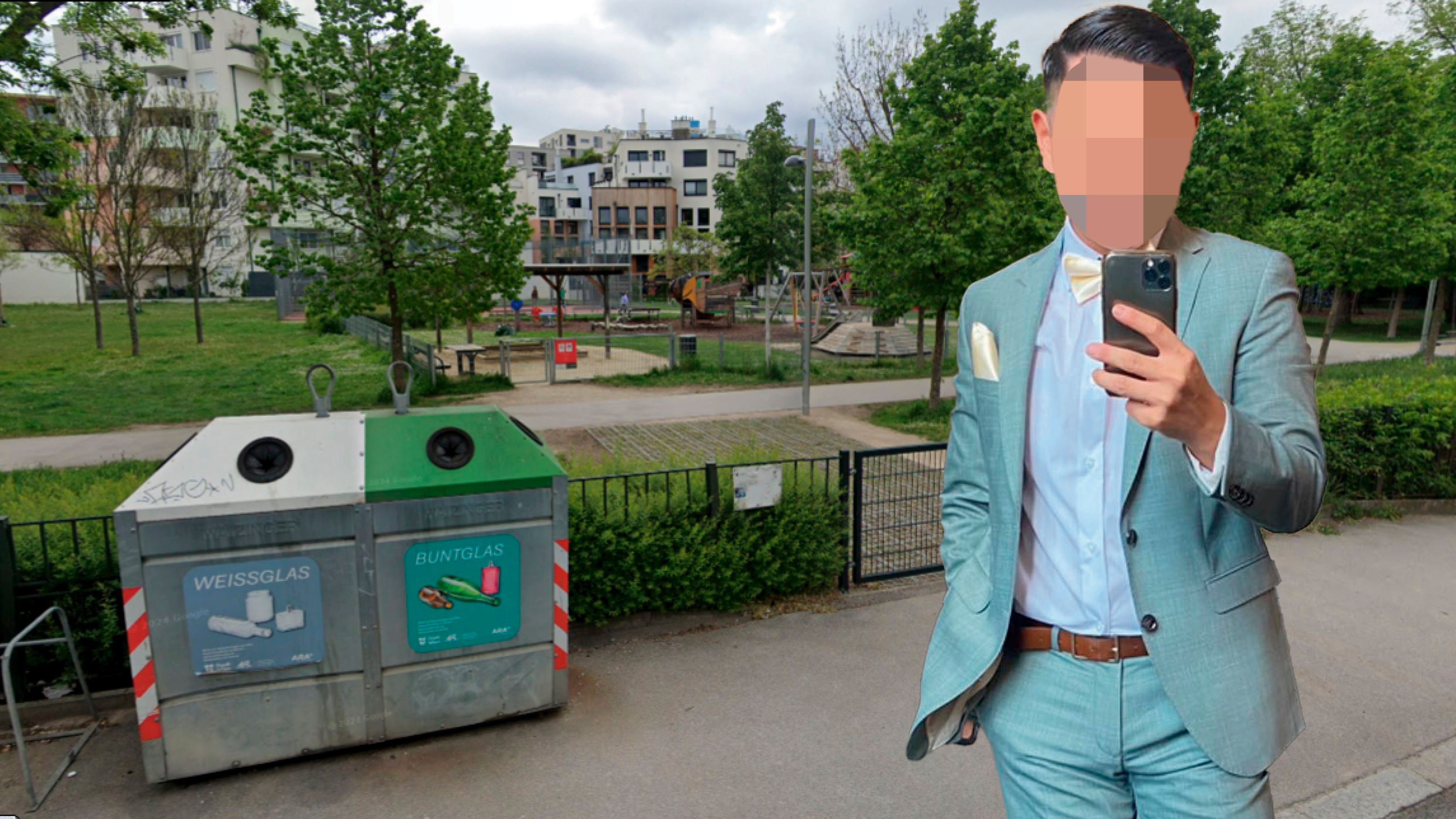 Nach einer Tanzprobe vergisst Wei-Ken Grosmann-Liao seinen Anzug bei diesem Altglascontainer in Wien-Liesing.