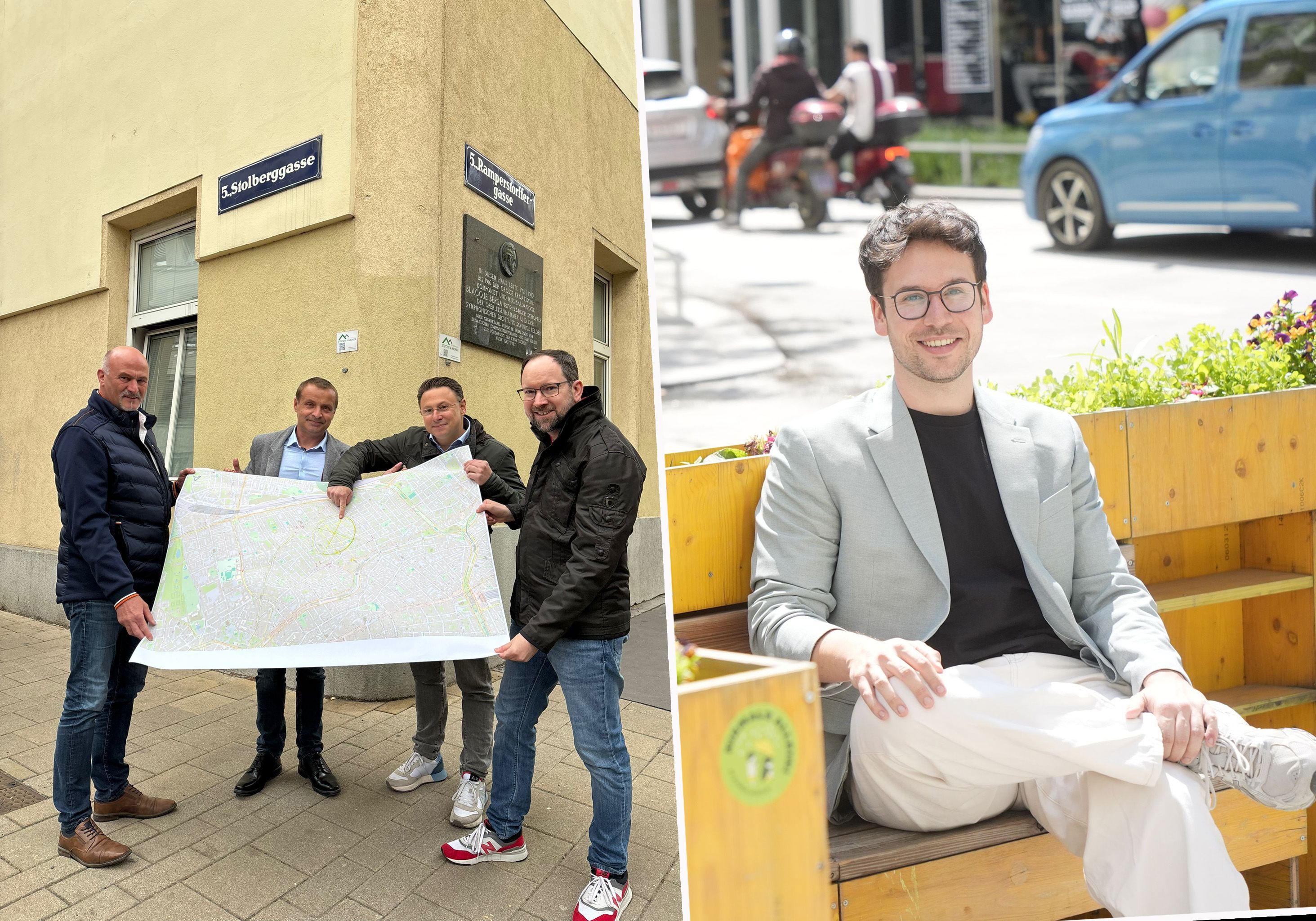 Der zukünftige Bezirksvorsteher Luxenberger (Grüne) setzt auf neue Parkraumkonzepte – doch sein Vize Christoph Lipinski (2.v.r.) kontert bereits mit konkreten Maßnahmen.