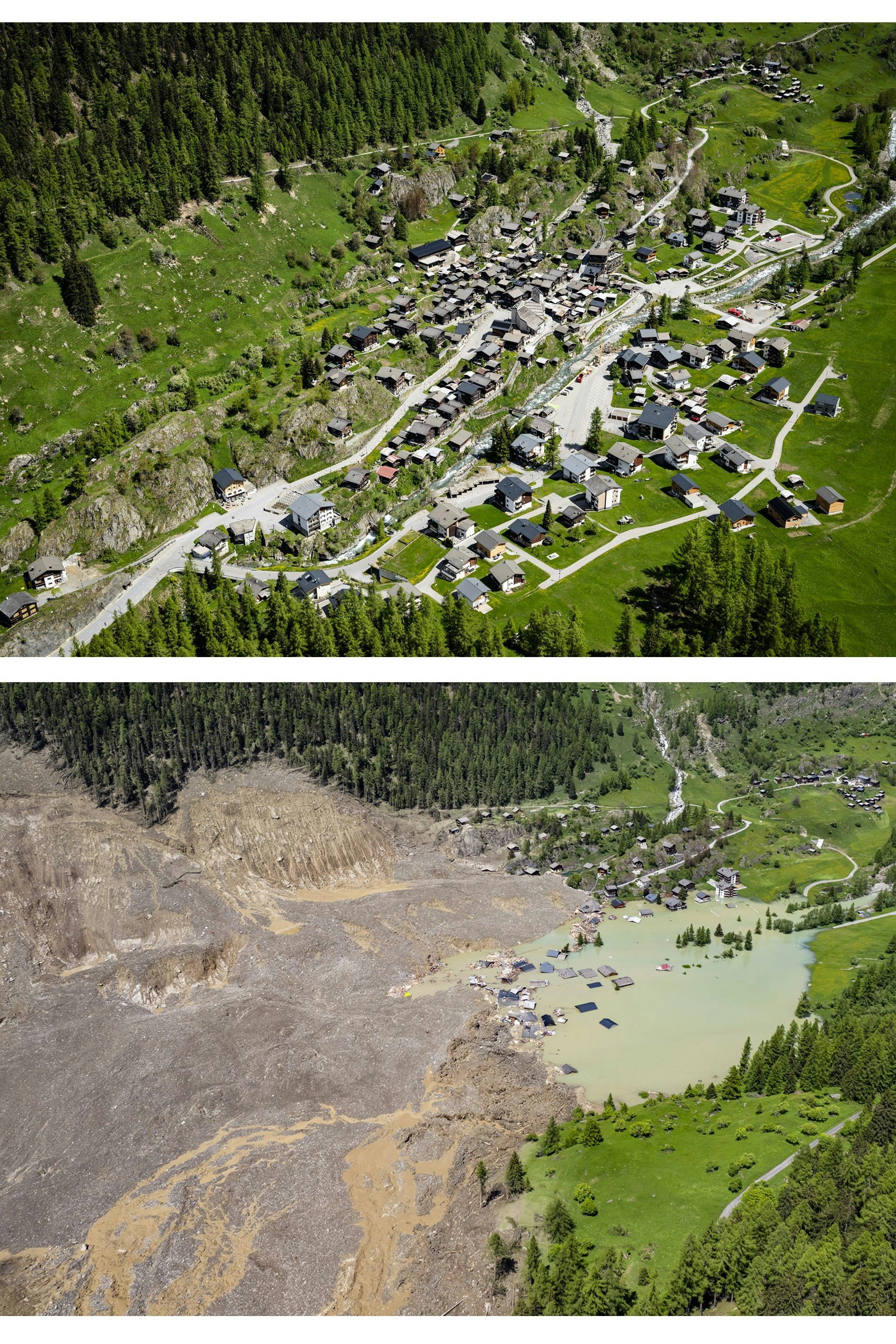 Die idyllische Gemeinde Blatten im Wallis vor (oben) und nach dem gigantischen Felssturz vom 28. Mai