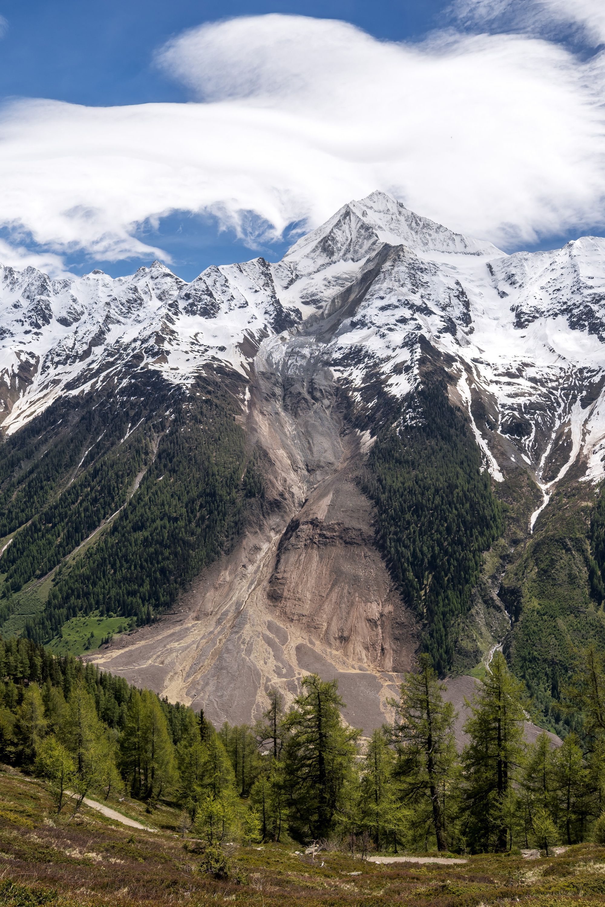 Die Eis- und Gerölllawine schlug eine mehrere hundert Meter breite Schneise in den Berg