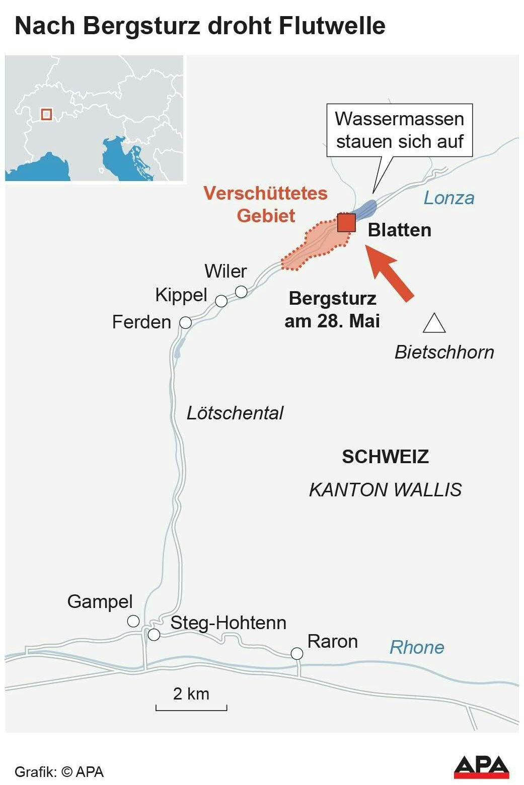 Skizze des Katastrophengebiets im Wallis: Nach dem Felssturz staute sich der Fluss Lonza an den Geröllmassen und drohte am Freitag überzuschwappen. Eine Sturzflut in den unterhalb von Blatten gelegenen orten wäre die Folge gewesen