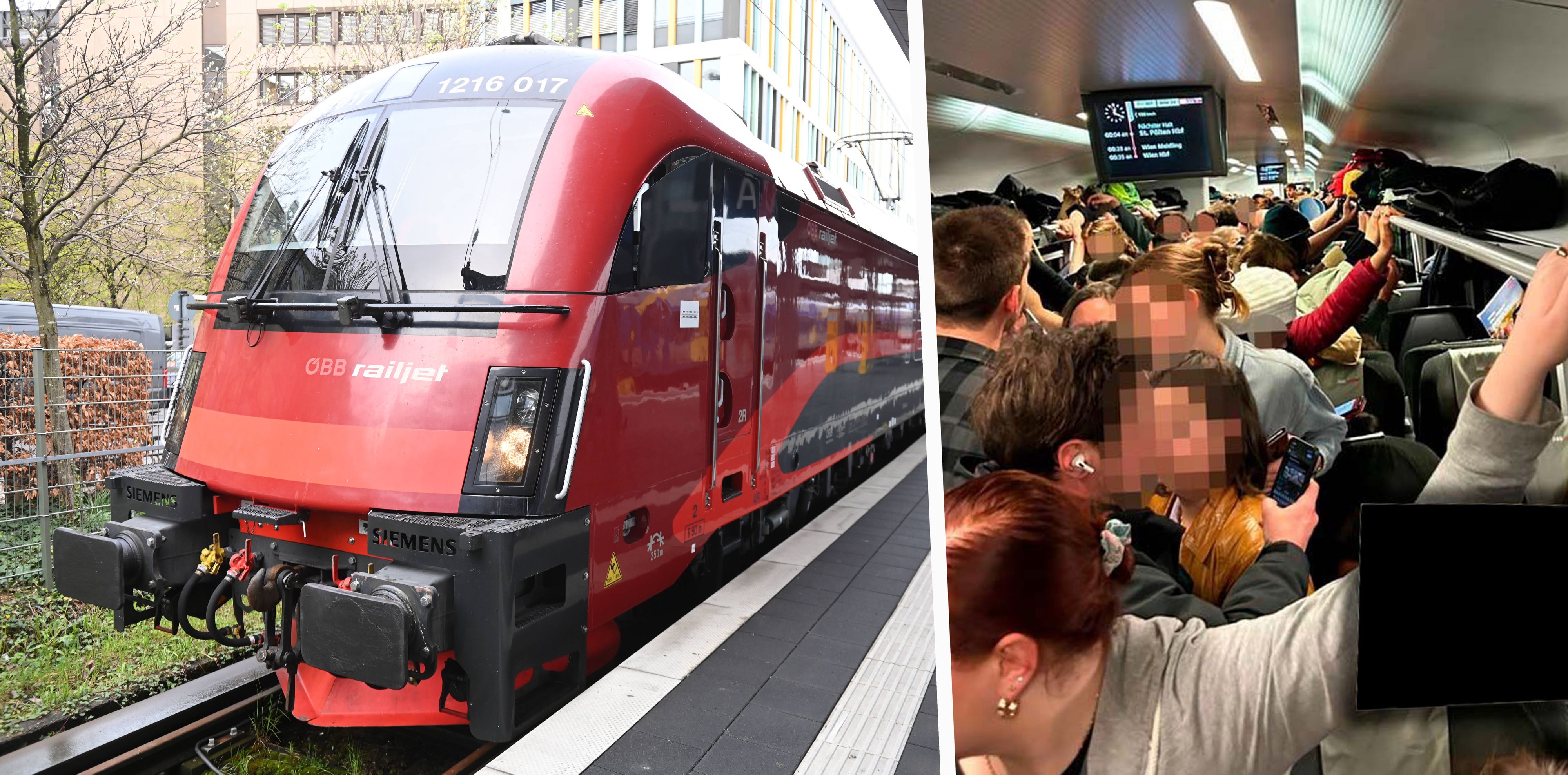 Links: Ein Railjet der ÖBB am Bahnsteig. Rechts: Chaos im völlig überfüllten Zug – viele Sitzplätze waren doppelt reserviert.
