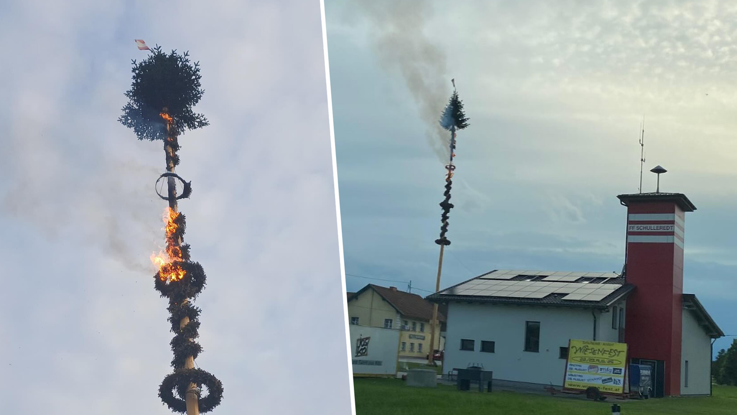 Unmittelbar neben dem Feuerwehrhaus der FF Schulleredt brannte plötzlich der Maibaum.