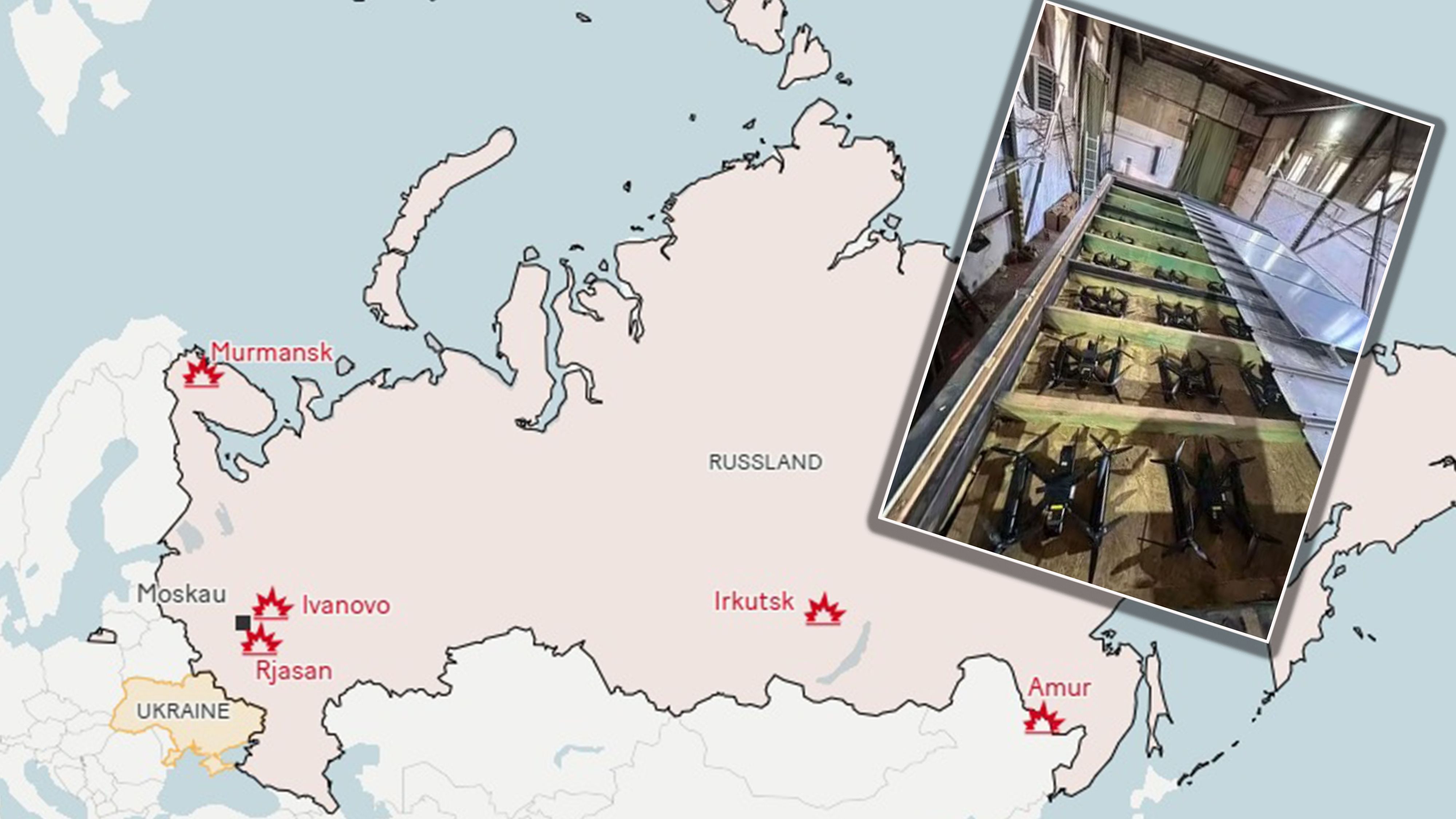 Die Angriffe trafen Stützpunkte in Murmansk (Olenia), in Irkutsk (Belaja), in Rjasan (Djagilewo) und in Iwanowo (Iwanowo).