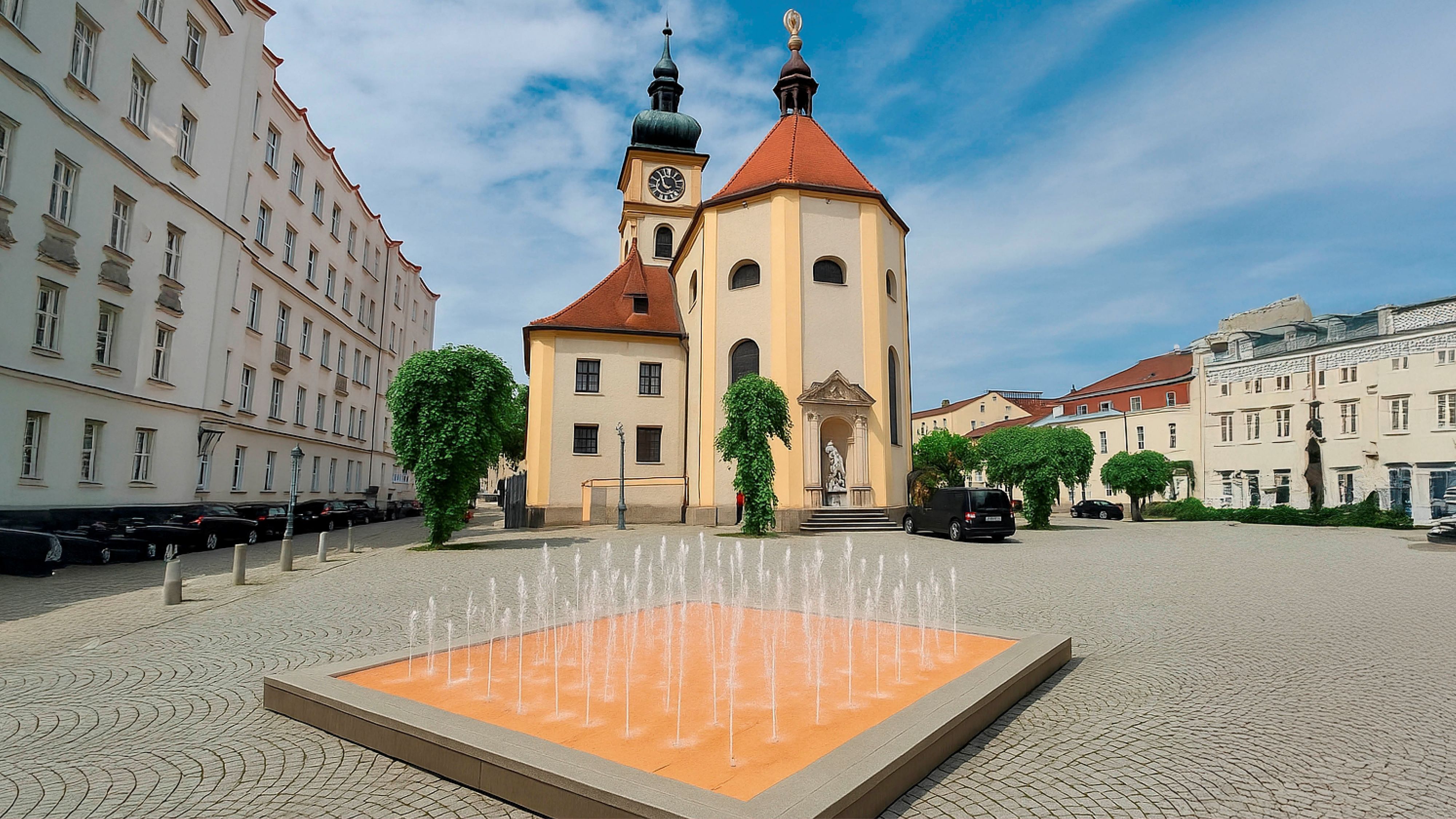 So könnte der neuen Wasserpark am Linzer Pfarrplatz laut KI aussehen. 