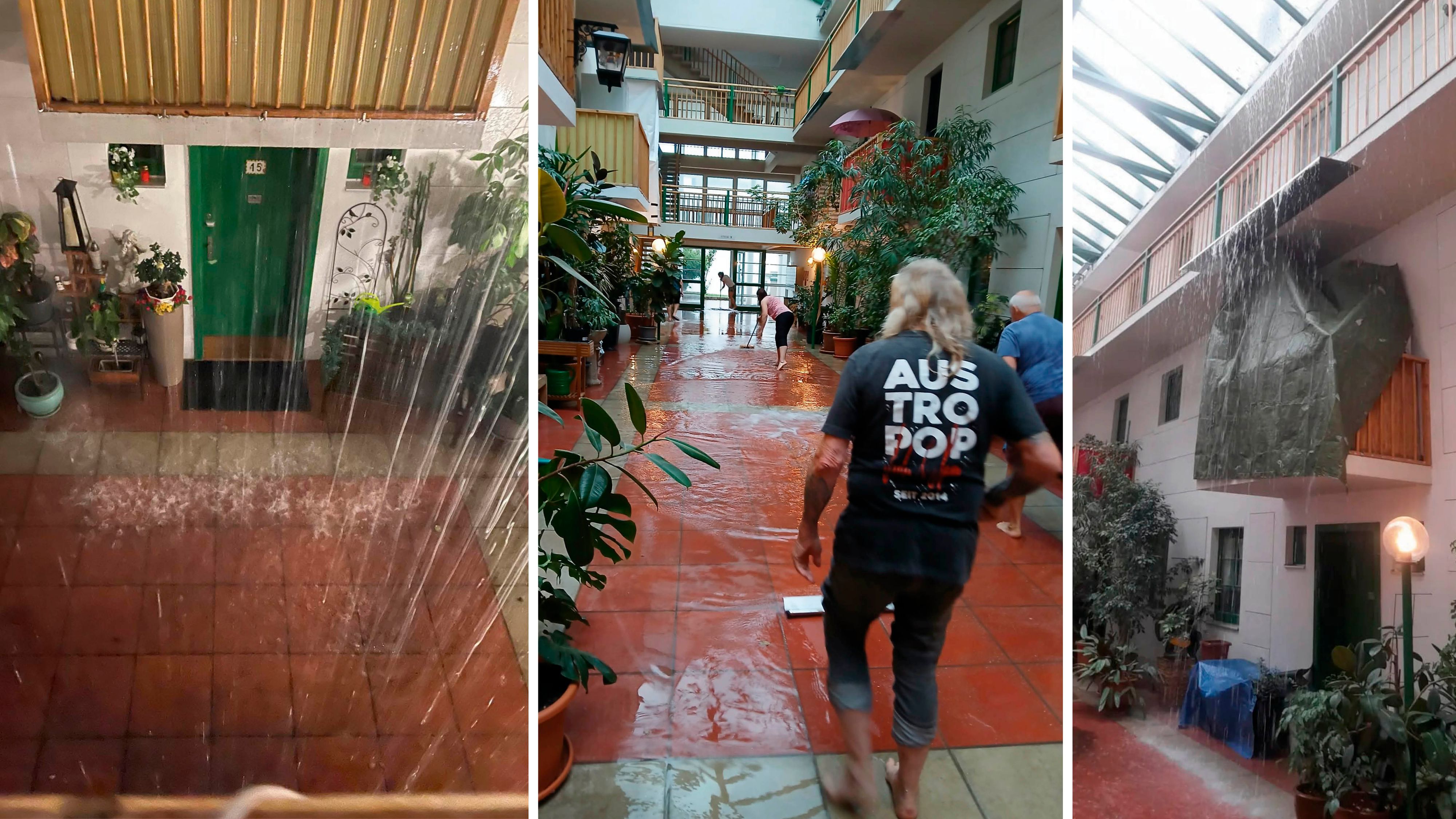Starkregen stellt das Wohnhaus vor Herausforderungen. Mieter bekämpfen die Wassermassen.