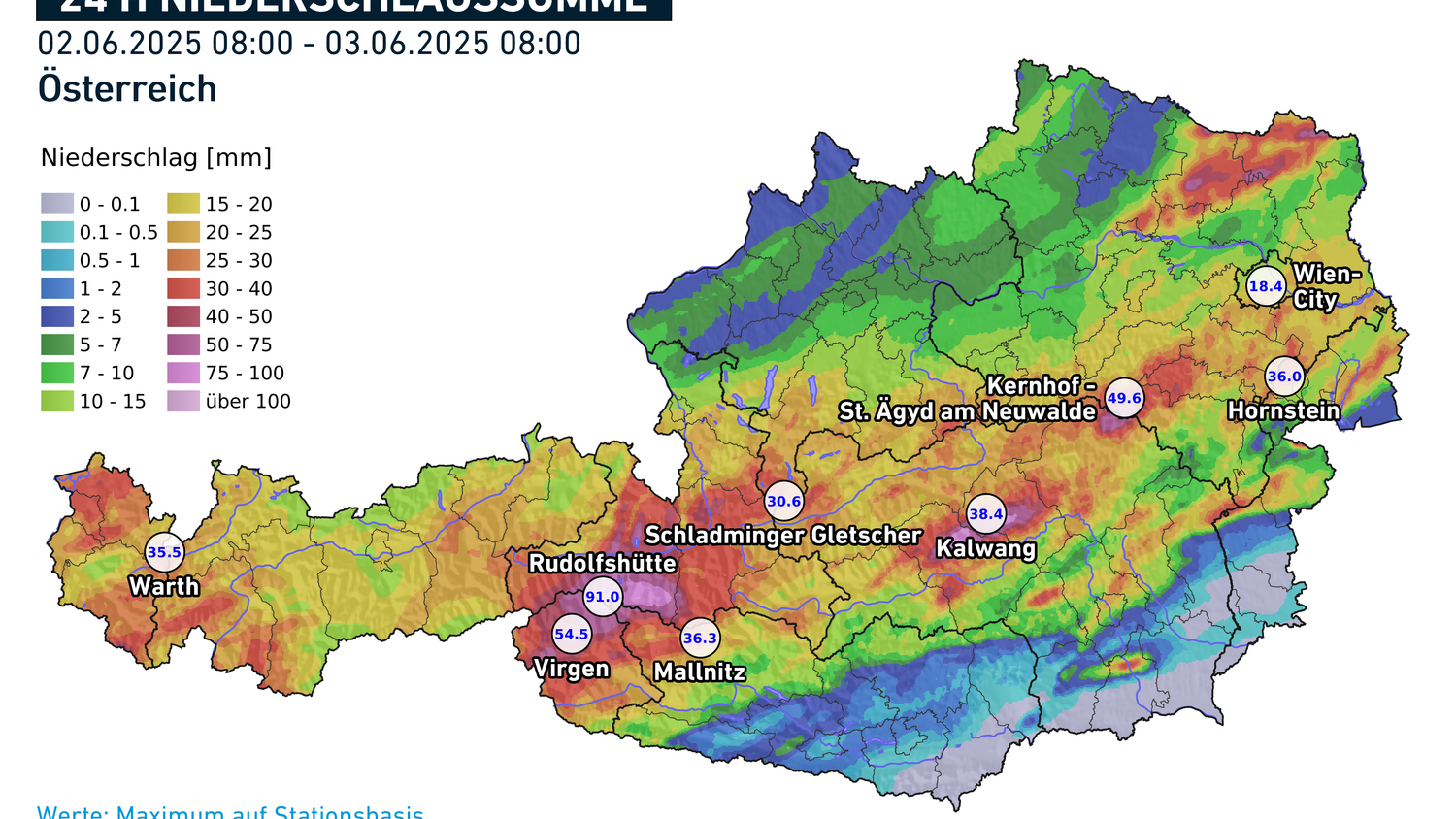 In den vergangenen 24 Stunden kam es in Österreich zu kräftigen Niederschlagssummen. 