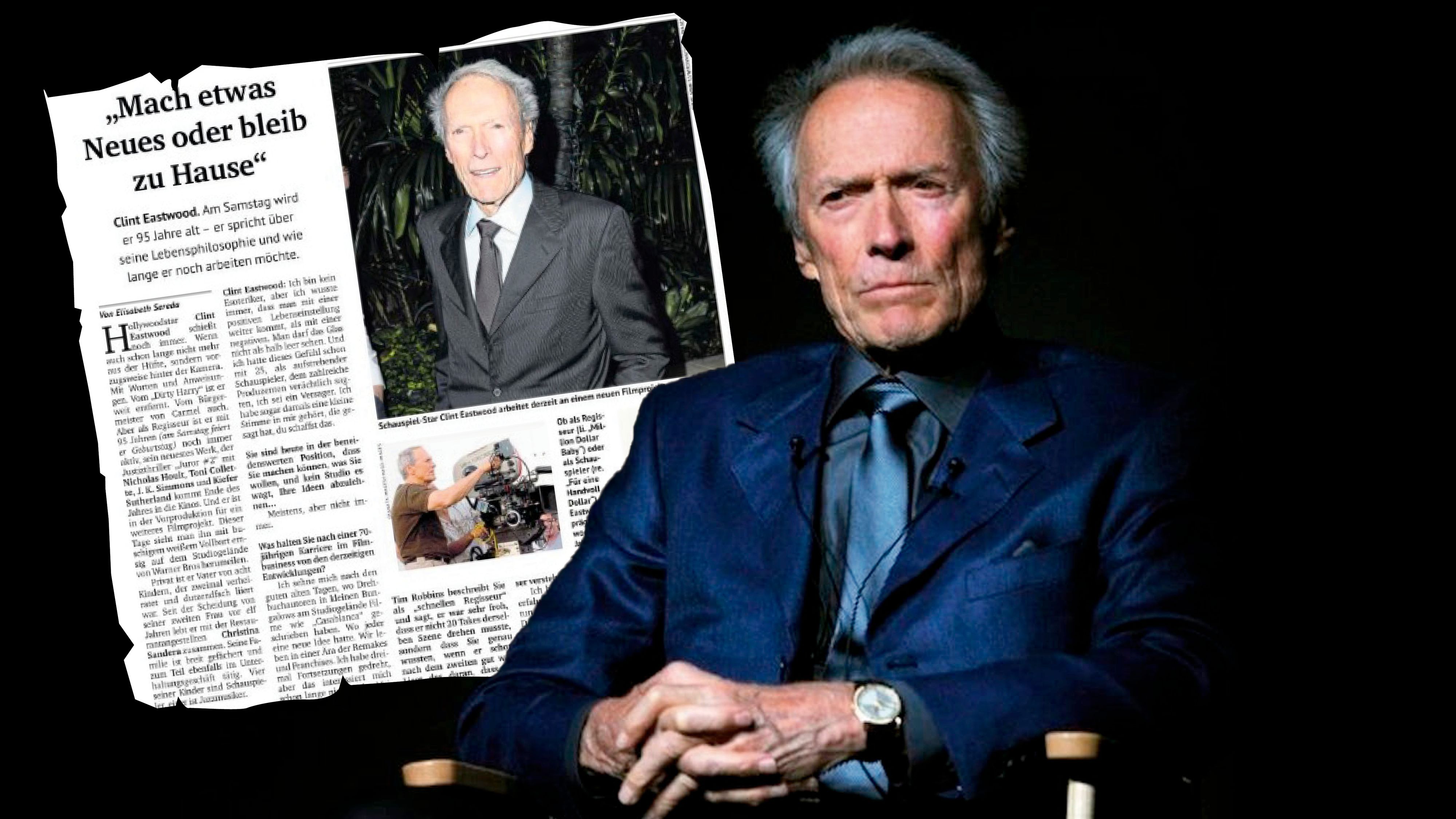 Hollywood-Legende Clint Eastwood - im Hintergrund das inkriminierte Interview.