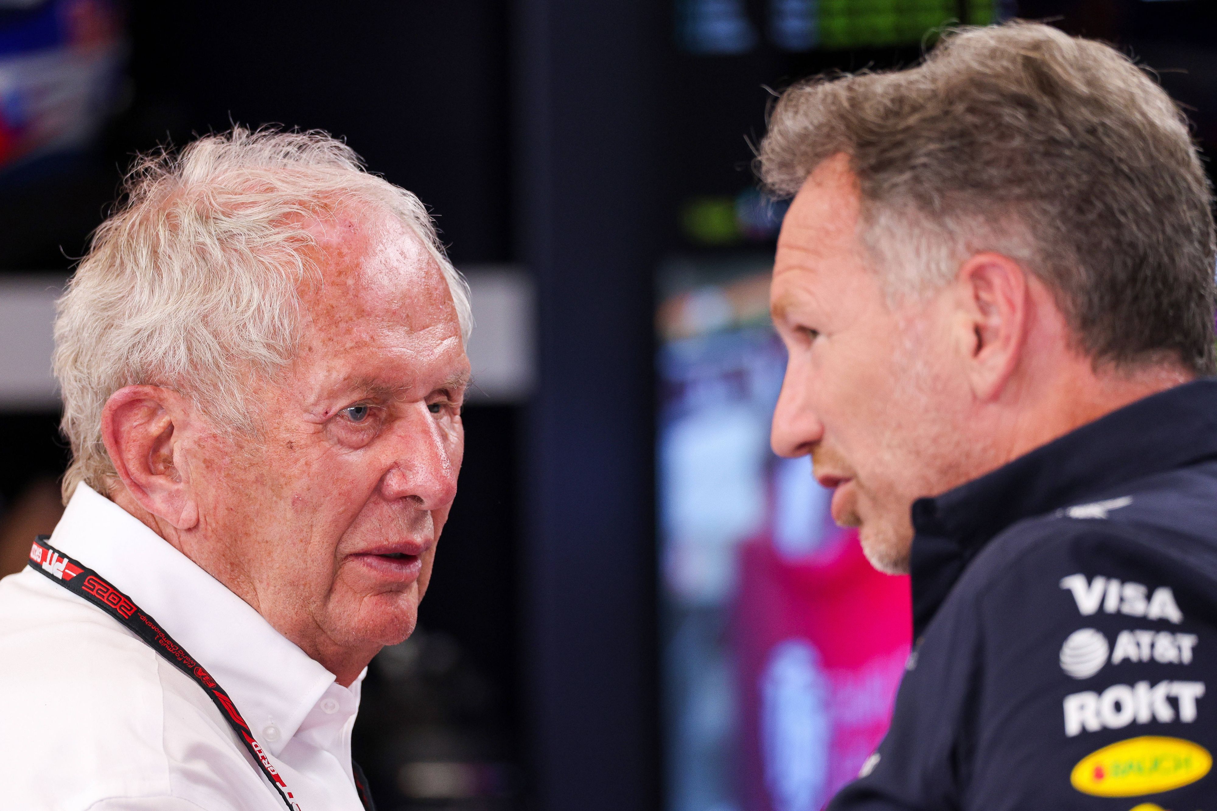 Red-Bull-Teamchef Christian Horner im Gespräch mit Berater Helmut Marko. 