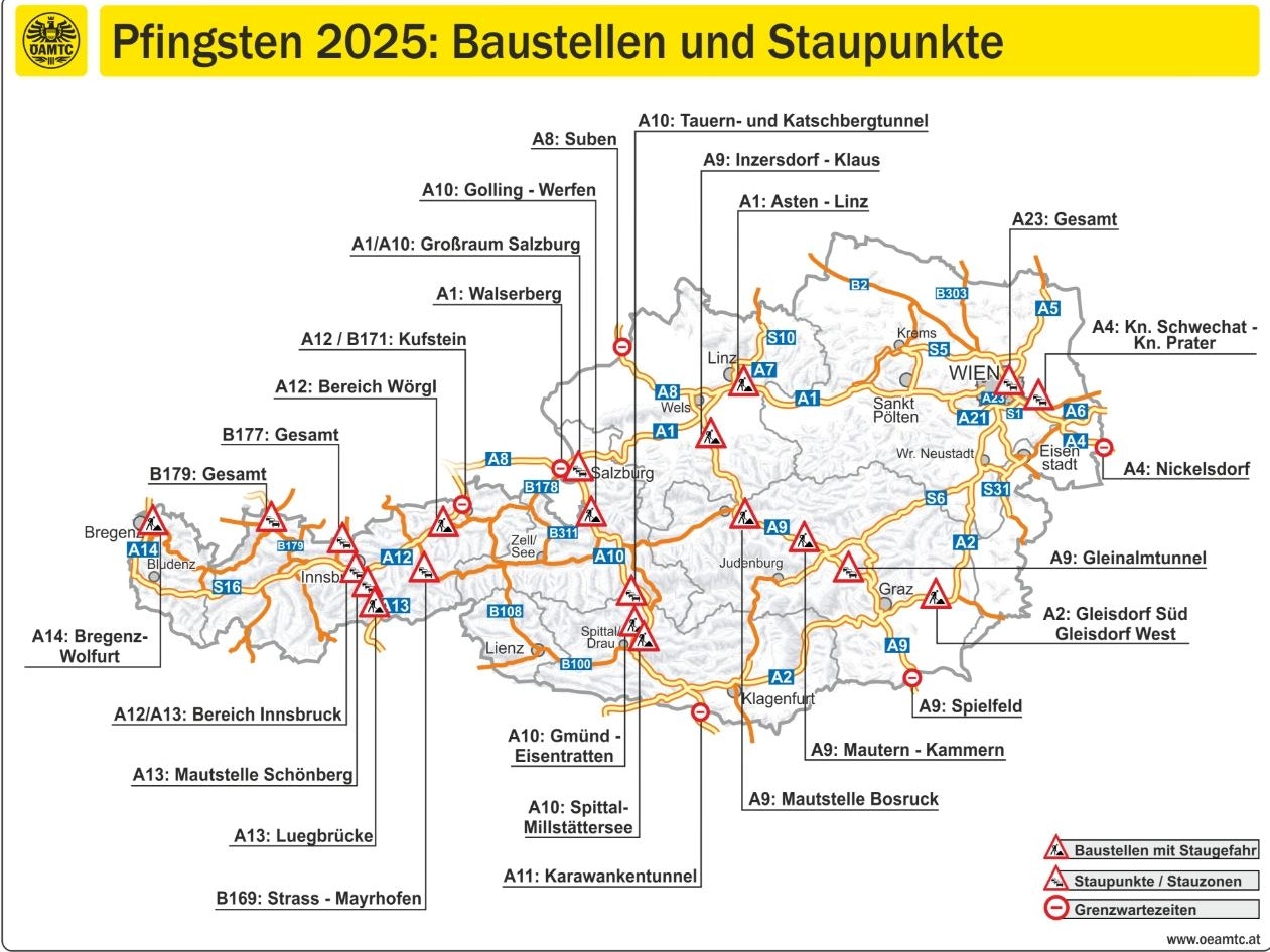 Grafische Übersicht zu den Baustellen und Staupunkten zu Pfingsten.