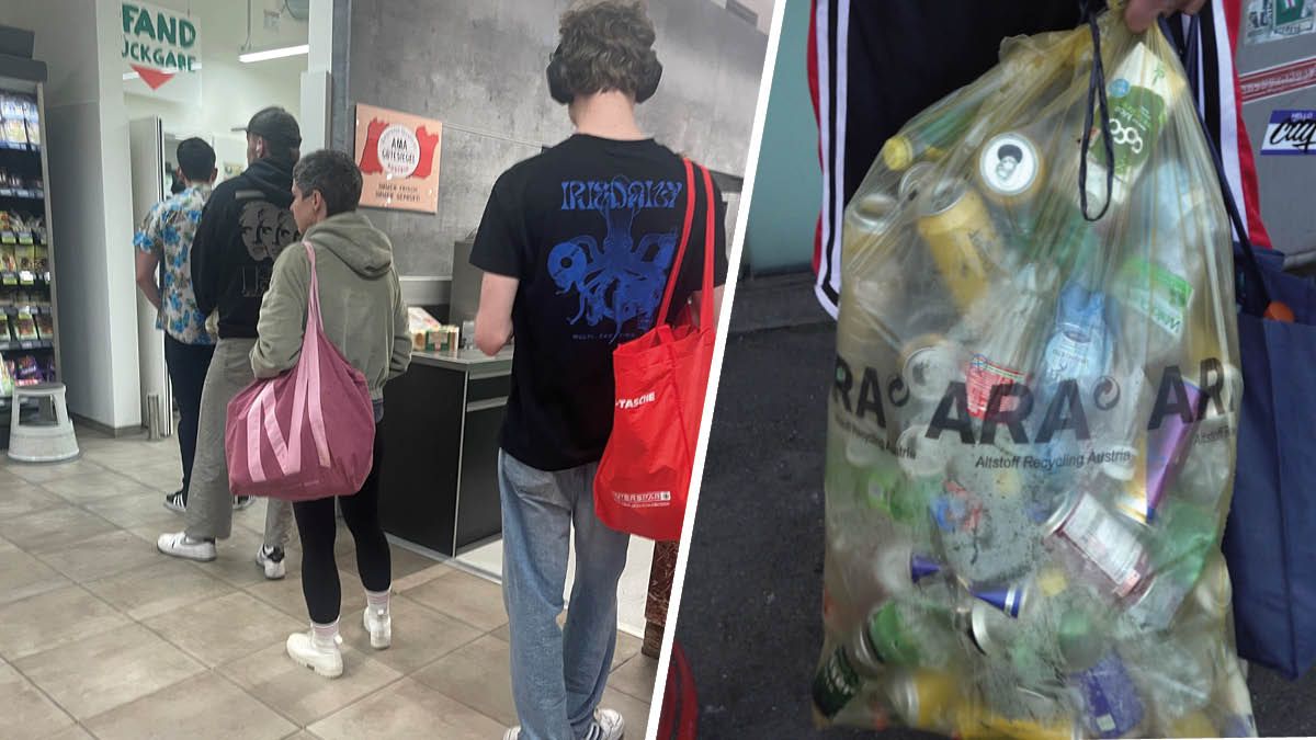 Warteschlange vor Automat in Wien-Margareten. Rechts: Manche Kunden brauchen sehr lange...