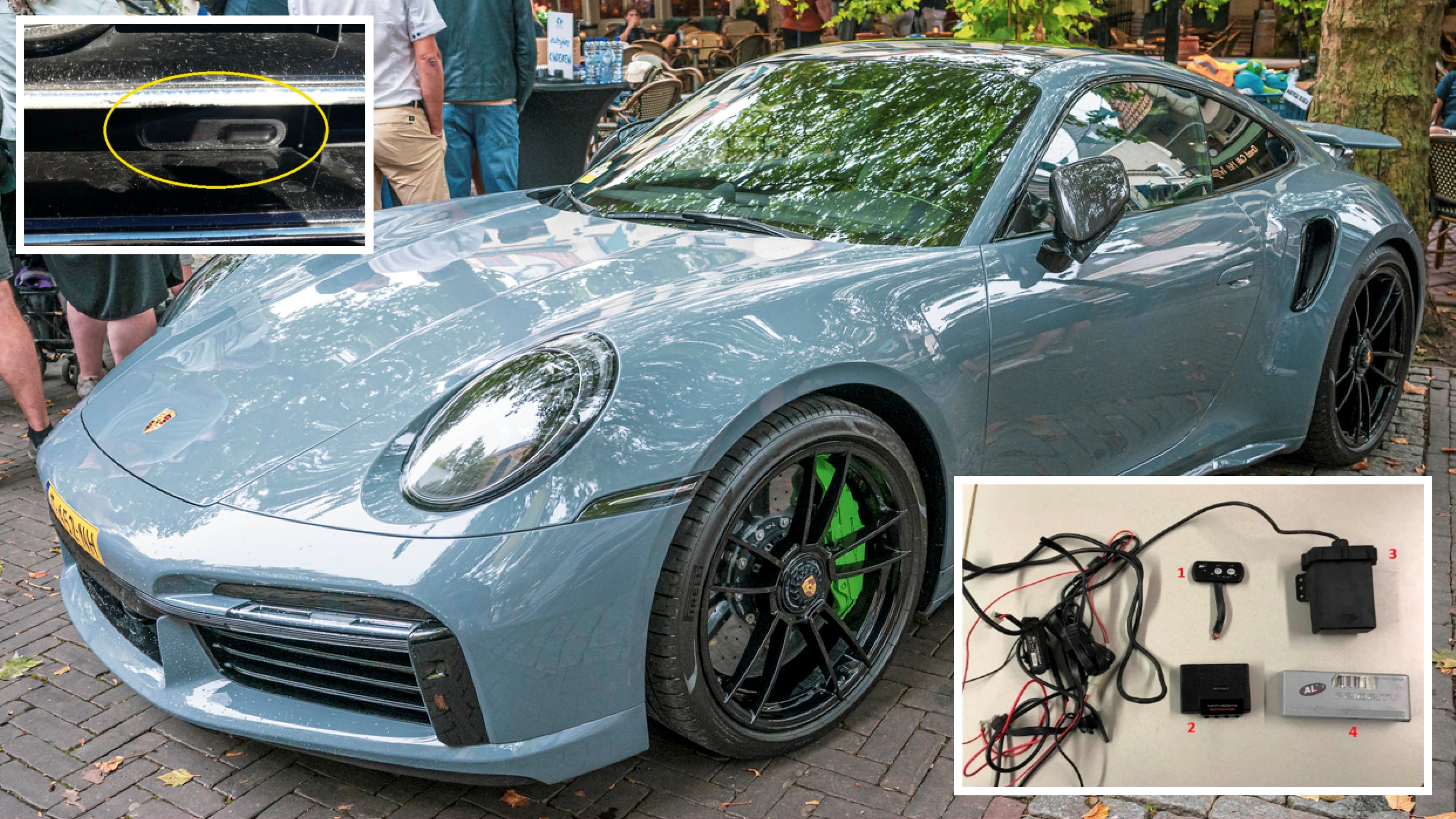 In einem Porsche 911 Turbo (Symbolfoto) wurde ein Laserblocker entdeckt. Die Fotos zeigen einen ähnlichen Fund der Polizei in Tirol.
