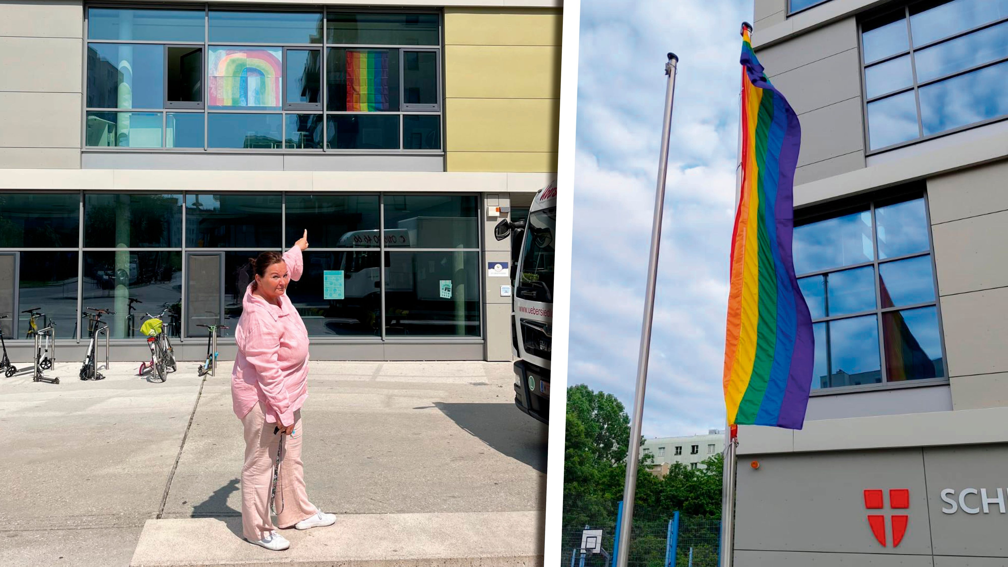 Die vor der Schule gehisste Regenbogenfahne wurde heruntergerissen. Birgit Goschler, Schulleiterin der GTMS Medwedweg, zeigt den von Schülern gemalten Regenbogen.