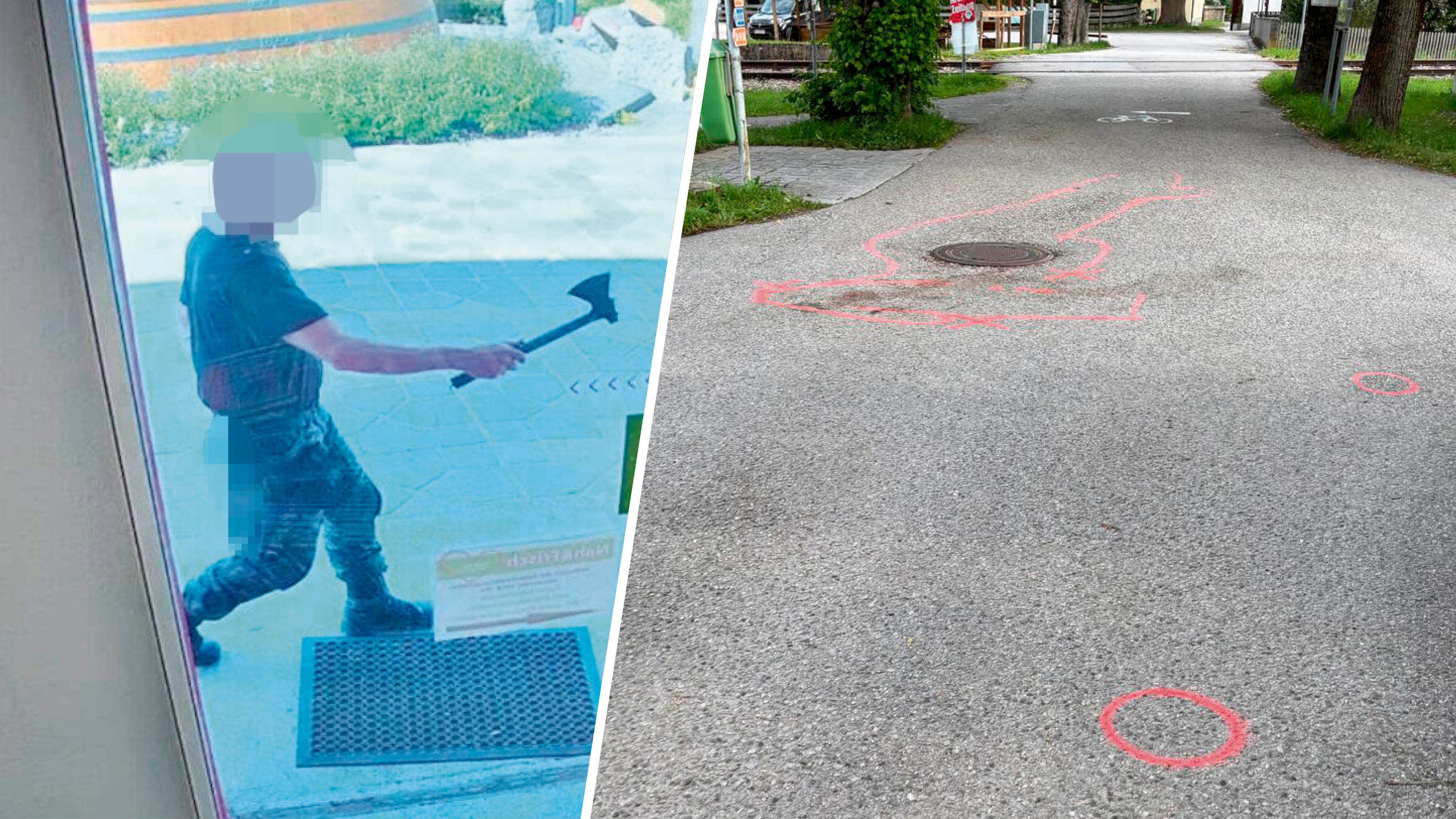 Der Verdächtige mit Axt in Kaumberg am 31. Mai (l.) und der Tatort in St. Aegyd am Neuwalde (Aufnahme vom 5. Juni)