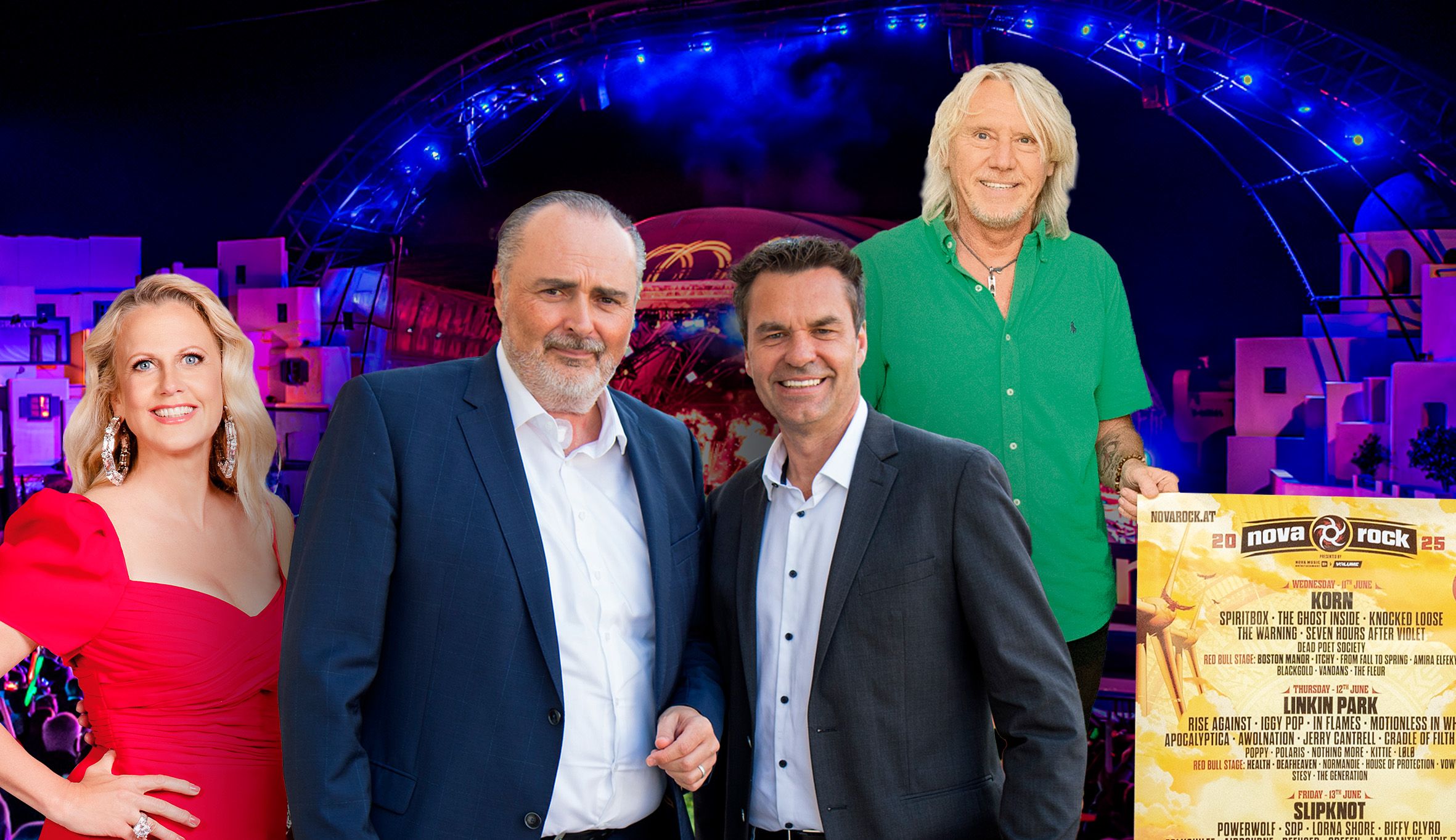 Barbara Schöneberger, Hans Peter Doskozil mit Tourismus-Chef Didi Tunkel und Nova-Rock-Veranstalter Veranstalter Ewald Tatar (v.l.)