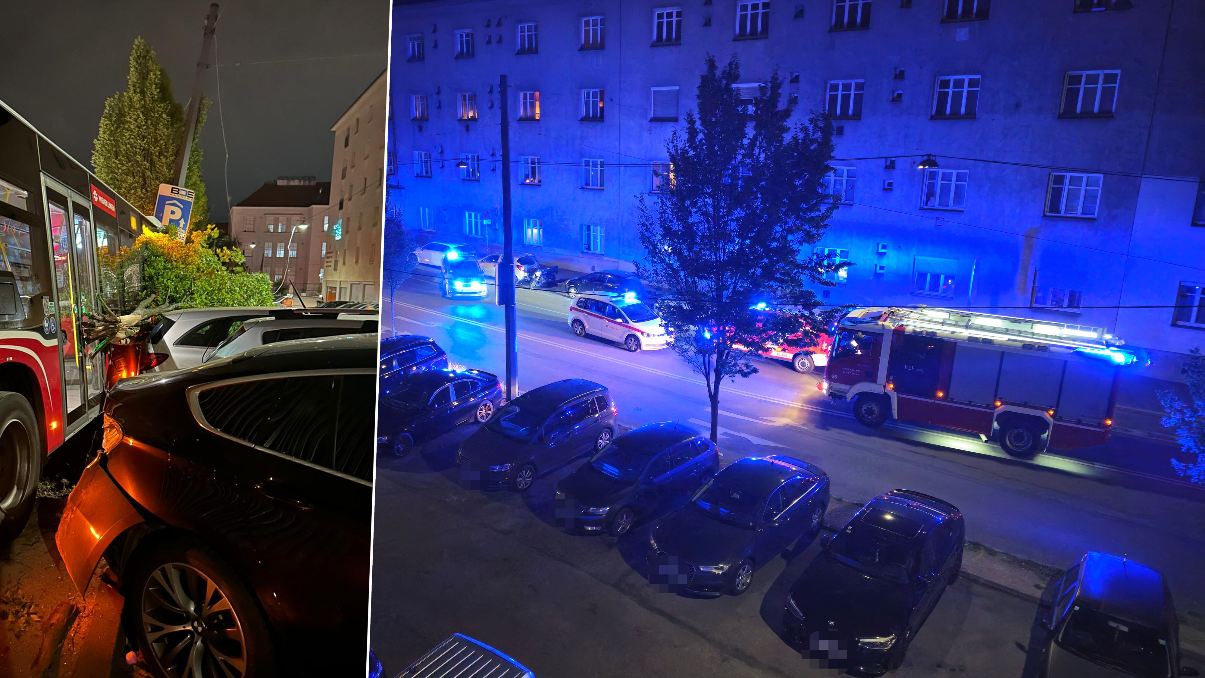 Ein Leserreporter-Video zeigt die Szenen vor Ort: Das Fahrzeug kam von der Straße ab, krachte in einen Baum, auch ein Mast soll beschädigt worden sein.