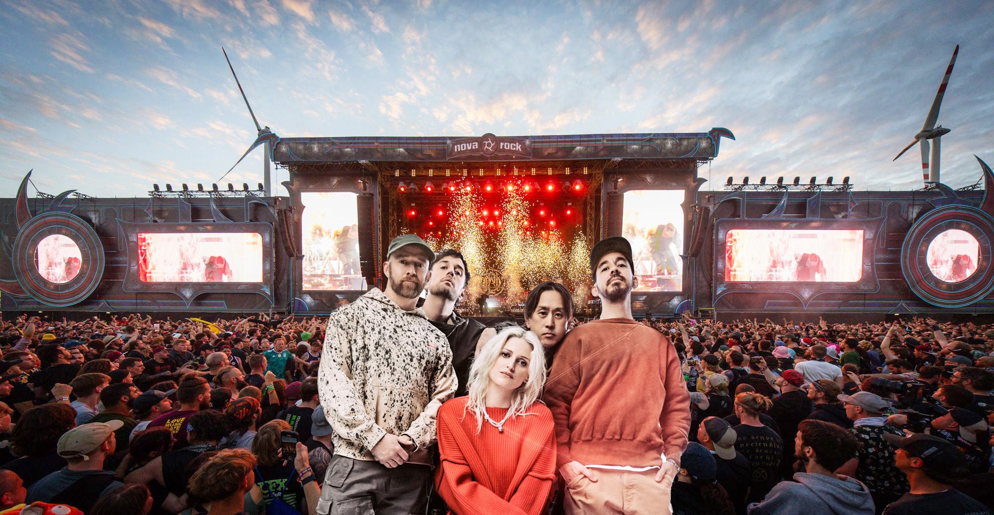 Linkin Park feiern beim Nova Rock Festival am 12. Juni ihr Live-Comeback mit Sängerin Emily Armstrong (Mi.).