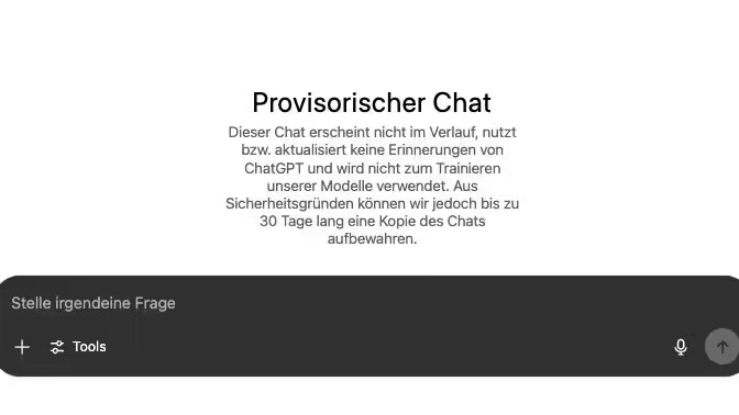 Für besonders vertrauliche Anfragen bietet ChatGPT die Funktion "Provisorischer Chat" an.