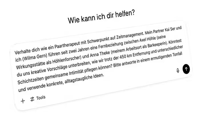 Beispiel für eine ChatGPT-Anfrage, bei der die richtigen Namen durch Fantasienamen ersetzt wurden.