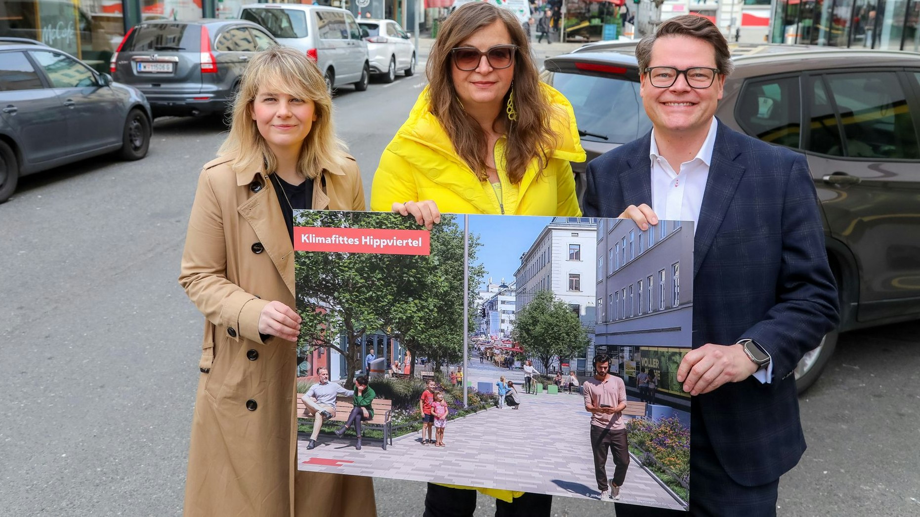 v.l: Stefanie Lamp, Bezirksvorsteherin von Ottakring, Planungsstadträtin Ulli Sima und Klimastadtrat Jürgen Czernohorszky
