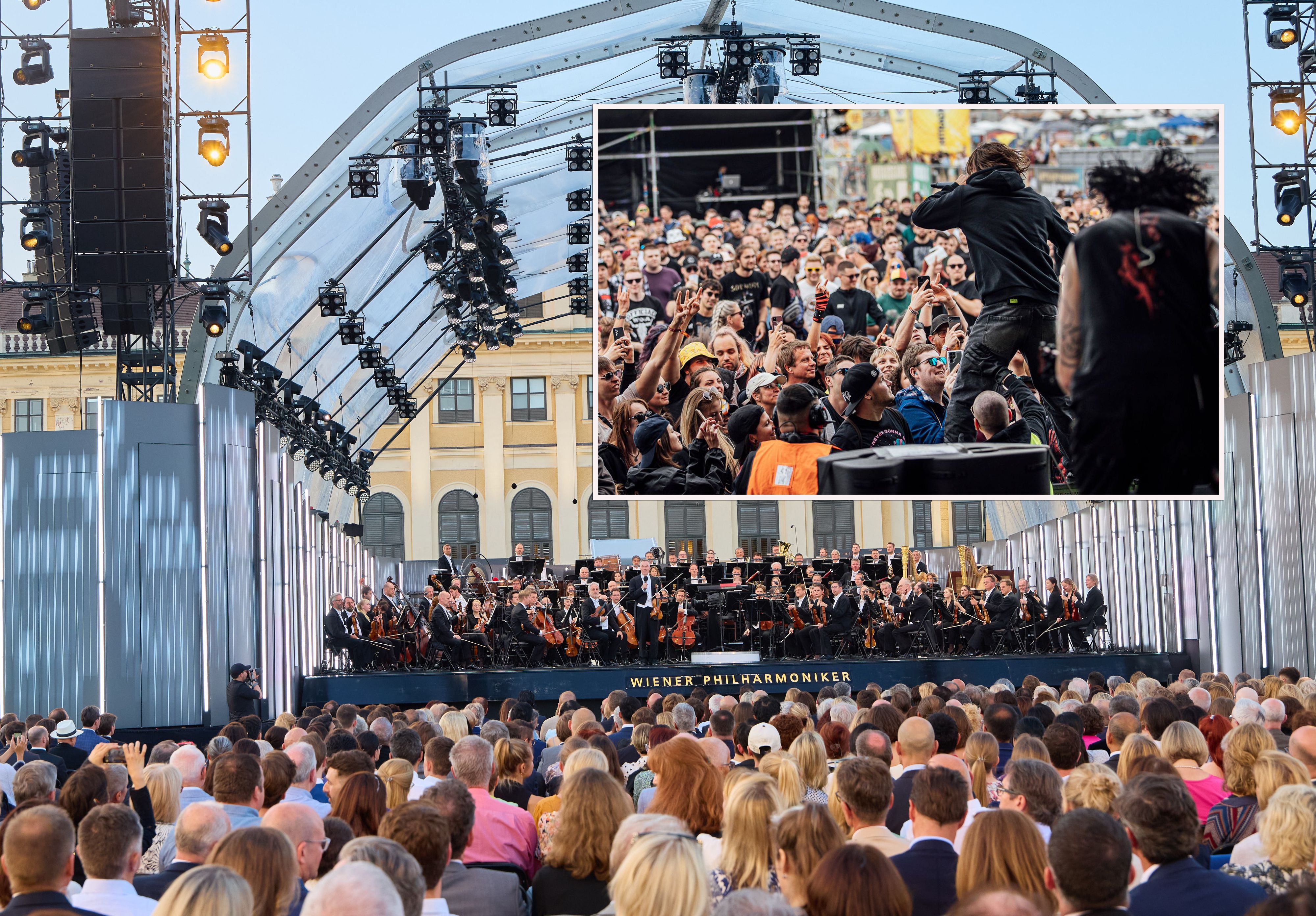 Nach dem Amoklauf an einer Grazer Schule wurden einige Kultur-Events abgesagt. Das Nova Rock Festival (o.) und das Sommernachtskonzert in Schönbrunn finden jedoch statt – mit Schweigeminuten und Planänderungen.