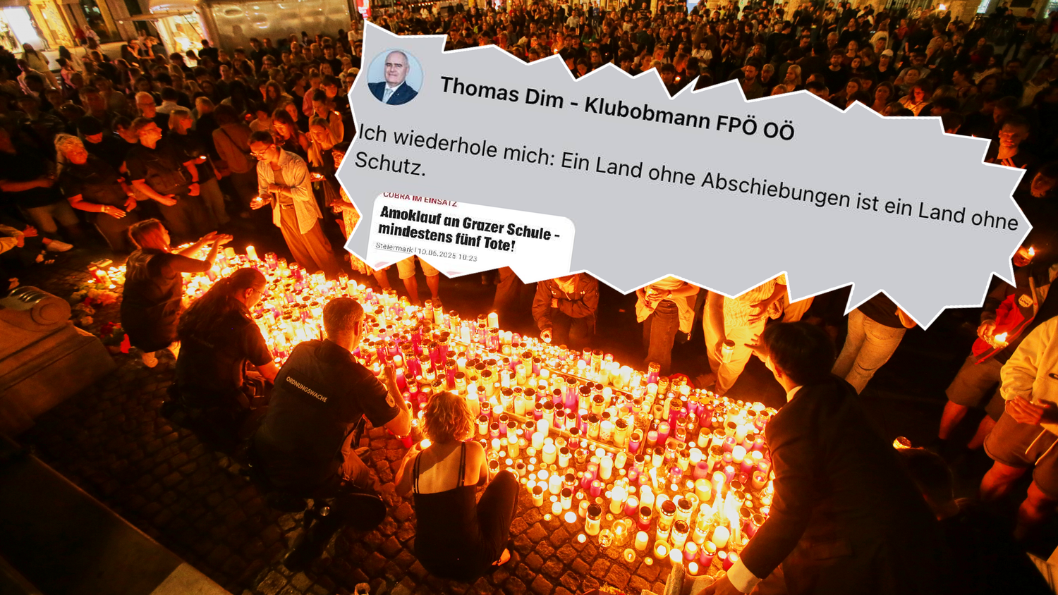 Ein voller Hauptplatz in Graz: Hunderte trauerten Dienstagabend gemeinsam um die Opfer.