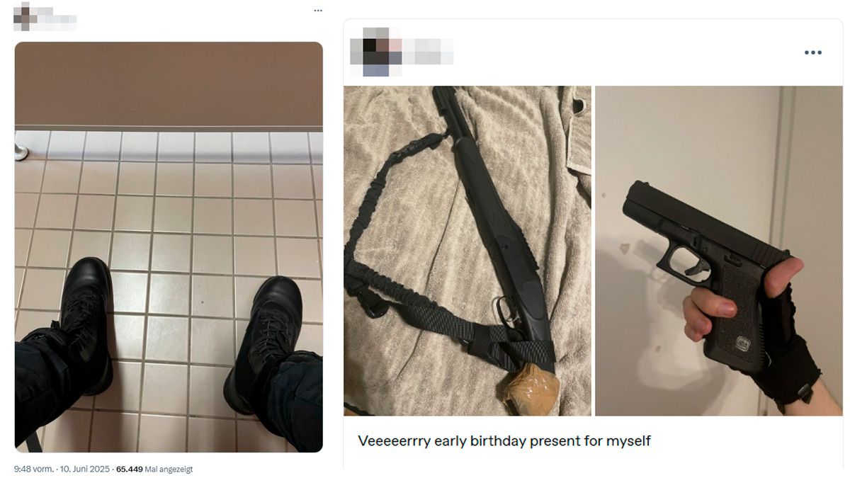Das Foto links postet der Graz-Amokläufer nur Minuten vor seiner Bluttat von der Schultoilette aus. Einen Tag zuvor gab er mit seinen Waffen an.