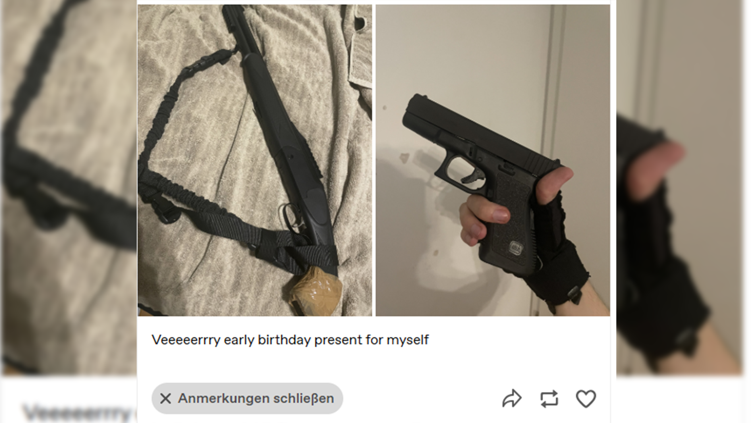 Am Montag veröffentlichte der täter Bilder von den mutmaßlichen Tatwaffen.