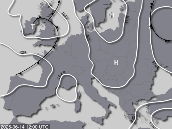 Bodendruck- und Frontenkarte für Samstag, 14. Juni 2025