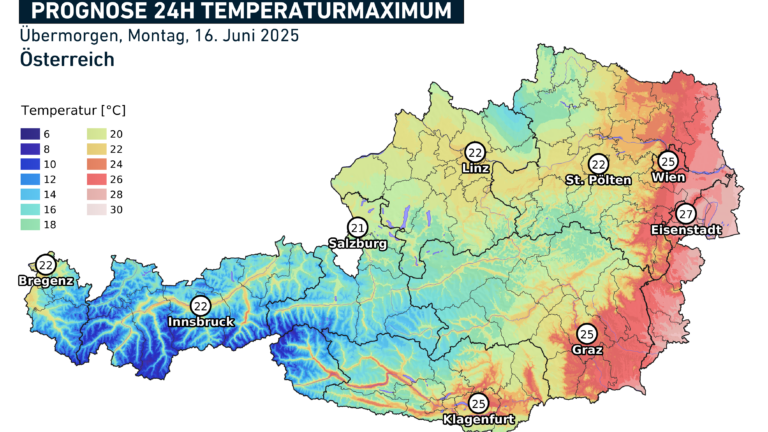 Prognose Temperaturmaximum Montag 16.06.2025