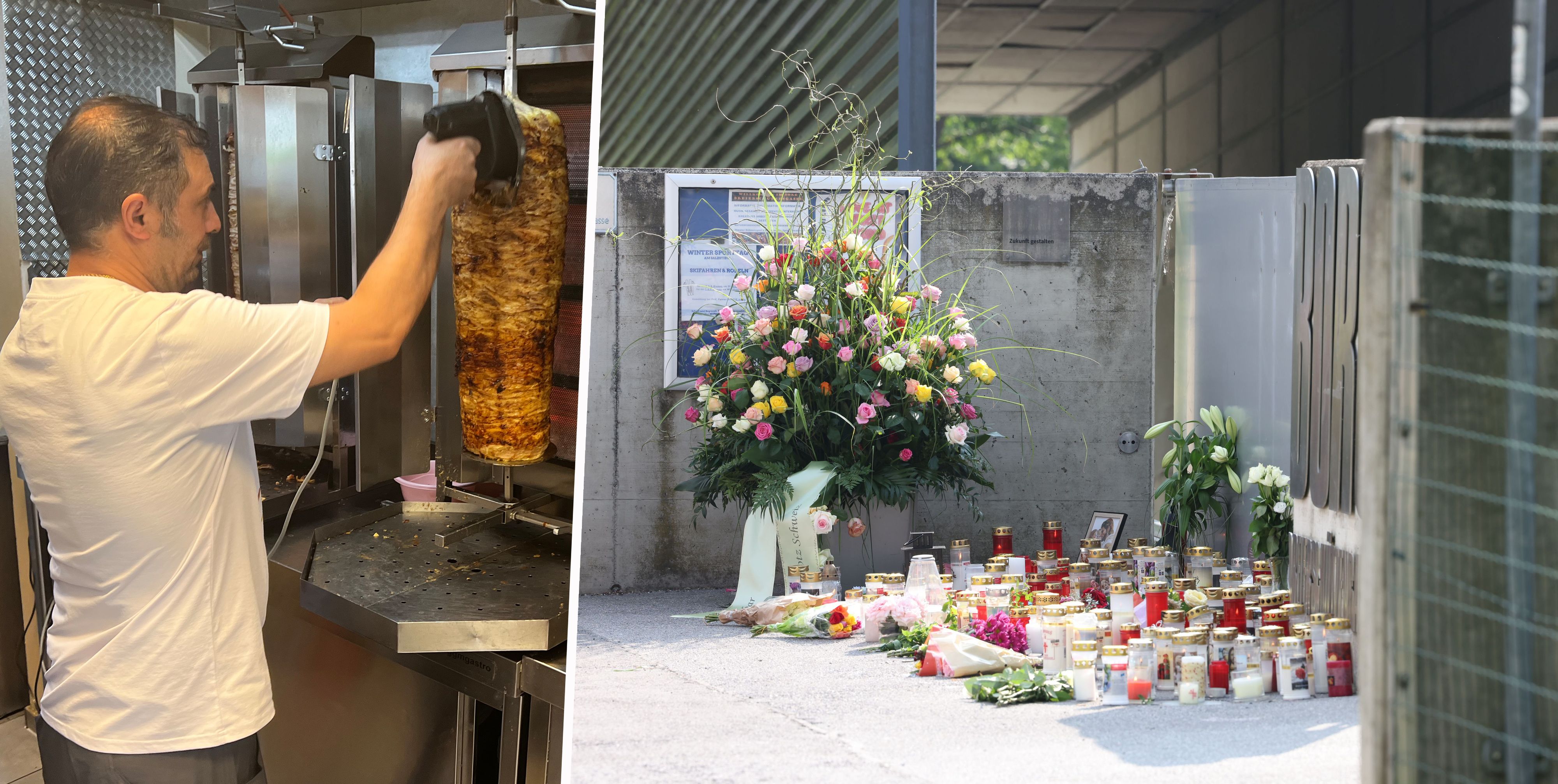 Metin Özdemir betreibt einen Döner-Laden gleich neben der Grazer Schule. Nach dem Amoklauf traut sich seine Tochter nicht mehr in die Schule. Am Eingang des BORG Dreischützengasse erinnern Kerzen und Blumen an die Opfer.