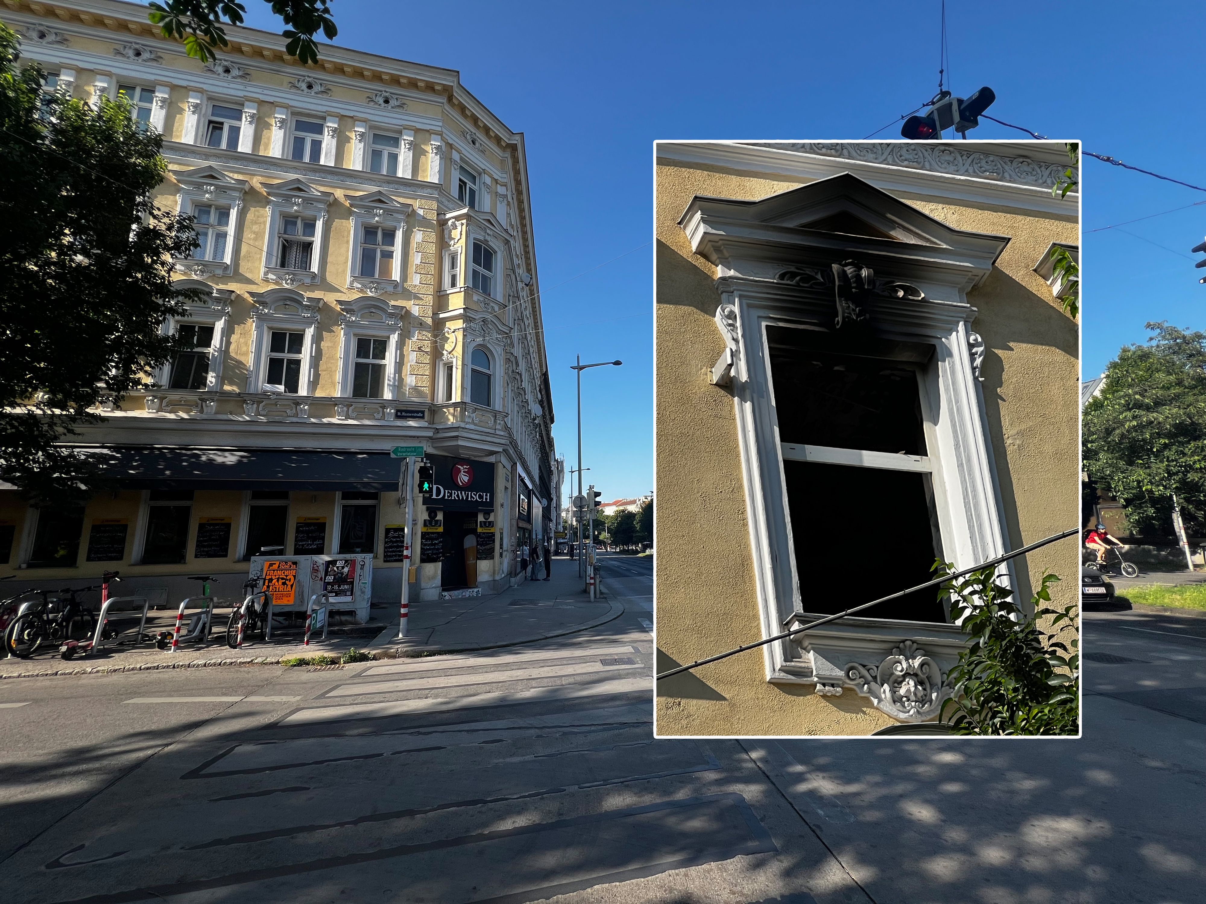 Am Lerchenfelder Gürtel setzte ein Bewohner seine eigene Wohnung in Brand. Sogar von außen sind die Brandspuren sichtbar (rechts)