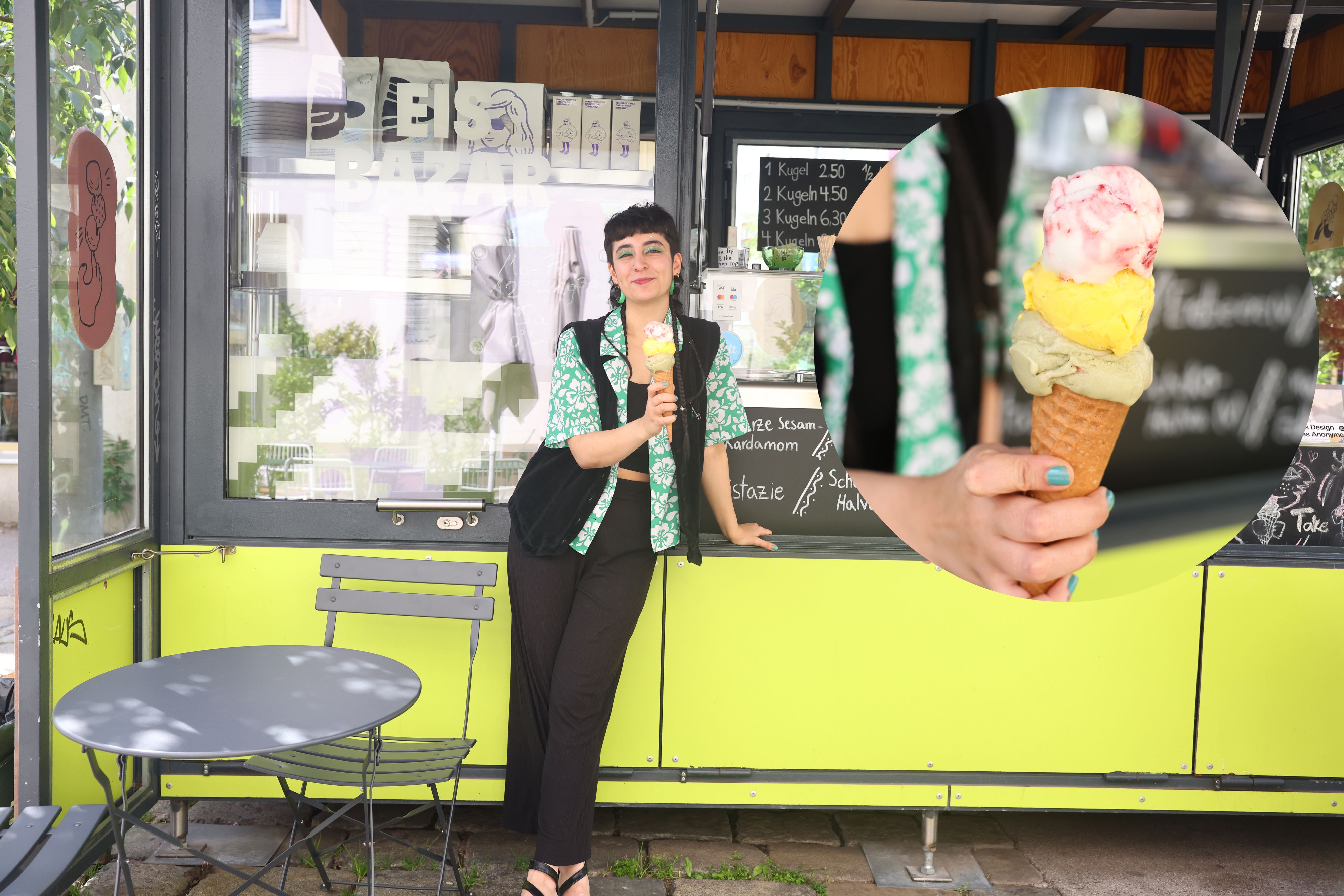 Eis mit Charakter: Die frischen Sorten Matcha-Erdbeere, Mango und Pistazie gibt’s im Eisbazar am Yppenplatz – jeden Samstag auch im selbst gebackenen Stanitzel.