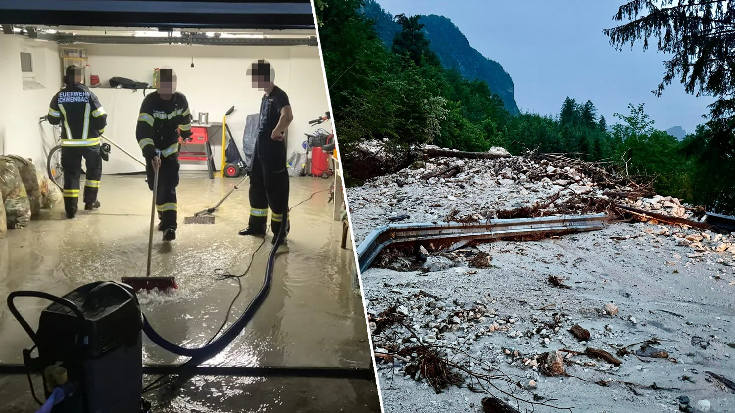 Extreme Unwetter zogen in der Nacht über OÖ. Im Bild: Eine Überflutung im Bezirk Urfahr-Umgebung und eine zerstörerische Mure im Salzkammergut.