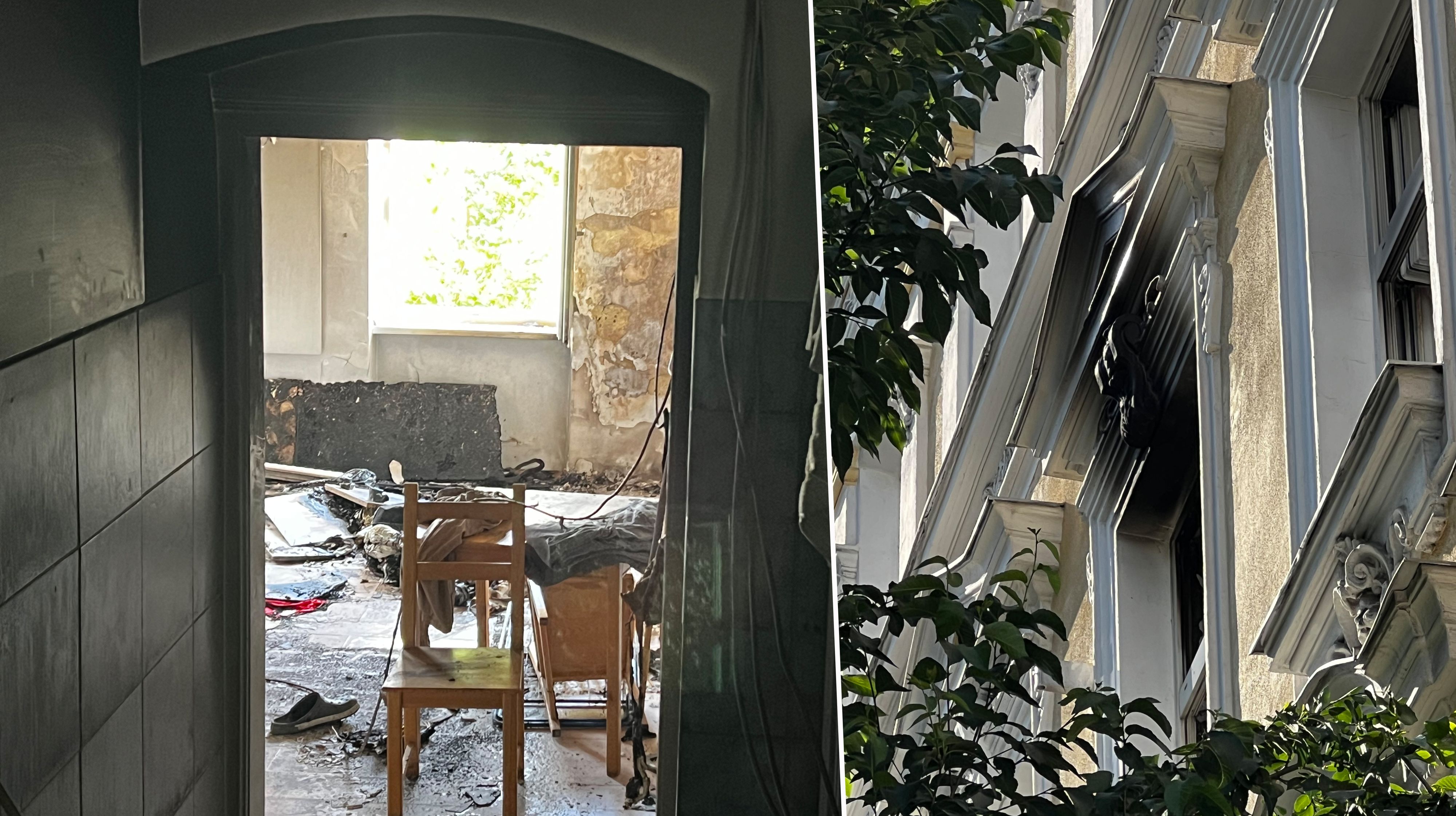 Links: Blick in das völlig ausgebrannte Wohnzimmer – kaum etwas blieb unversehrt. Rechts: Außenfassade der Brandwohnung – Rußspuren über dem Fenster gut sichtbar.