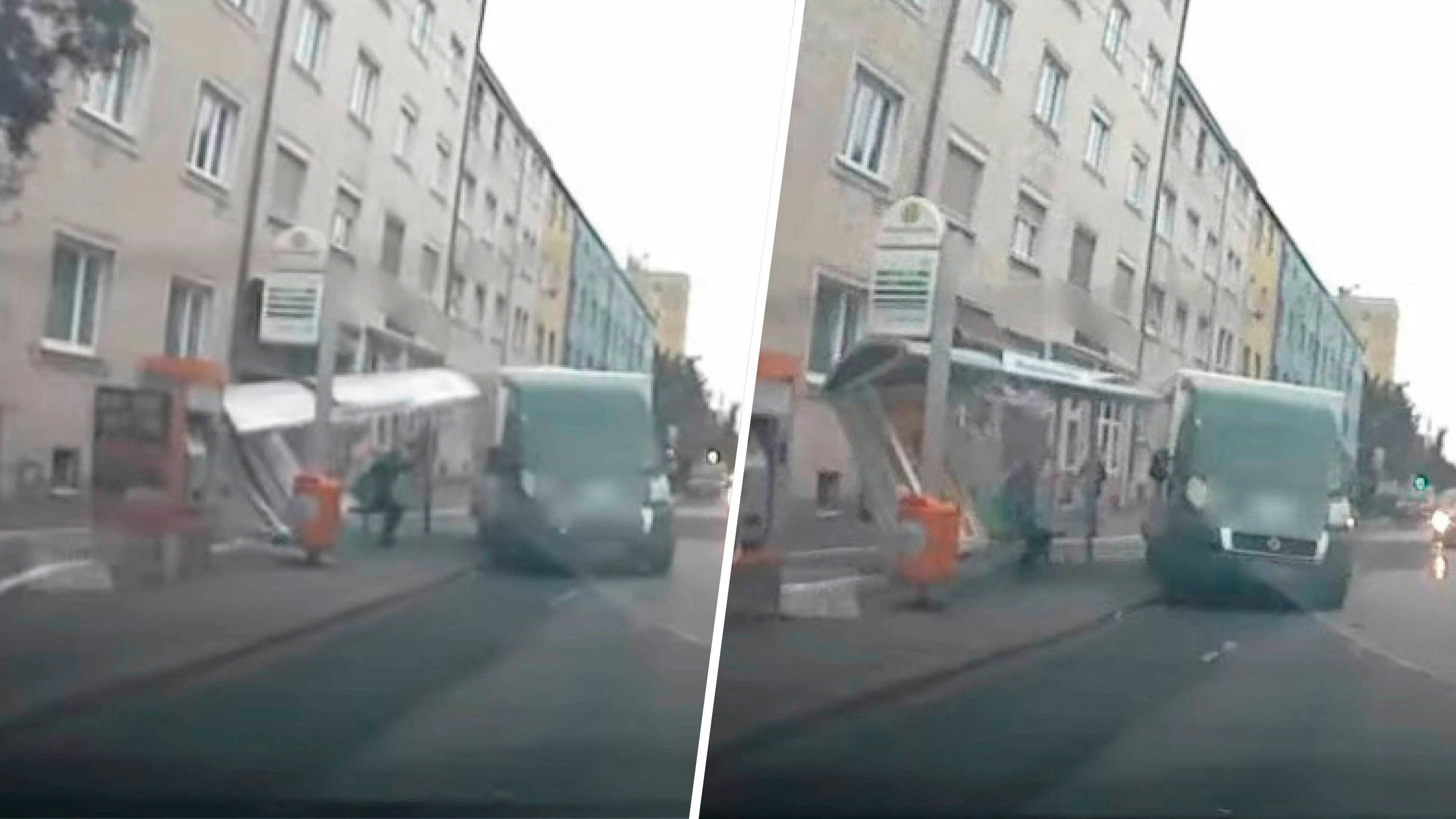 Das Video zeigt, wie der Klein-Lkw in die Haltestelle fährt.