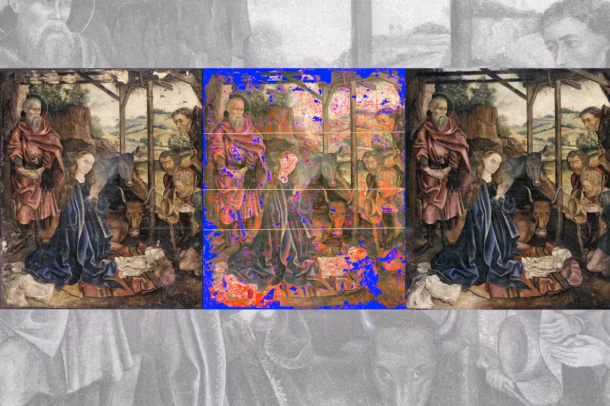 Links das beschädigte Original, in der Mitte eine Schadenskarte. Rechts das restaurierte Gemälde mit aufgetragener Laminatmaske.