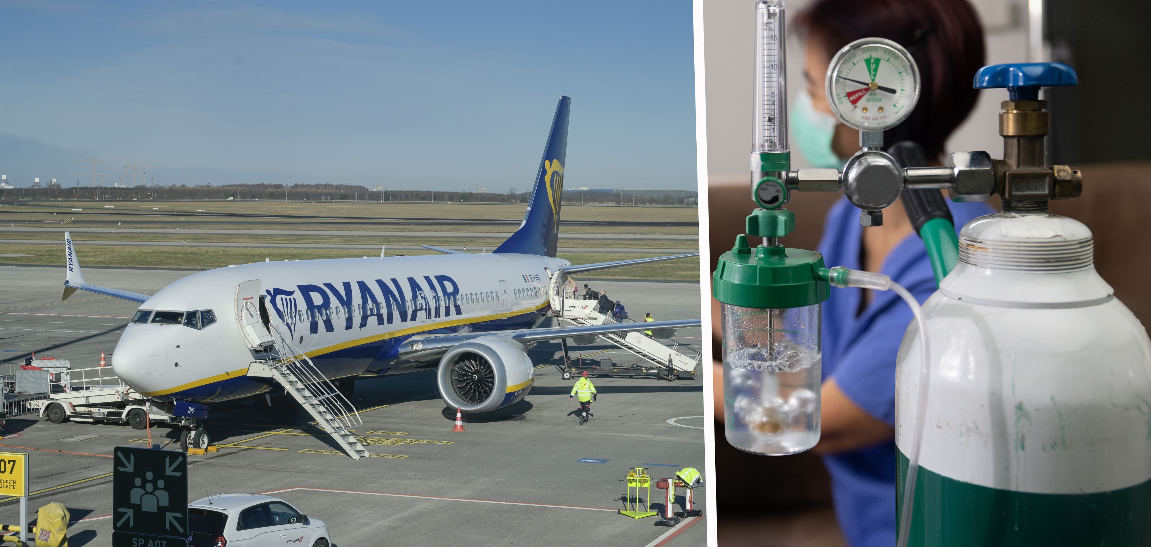 Ryanair-Maschine am Flughafen (links) – das Beatmungsgerät des Steirers (rechts) durfte trotz Genehmigung nur gegen 60 Euro Gebühr mit an Bord.