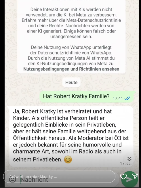 Robert Kratky fragt die WhatsApp-Meta, ob er Familie hat. 