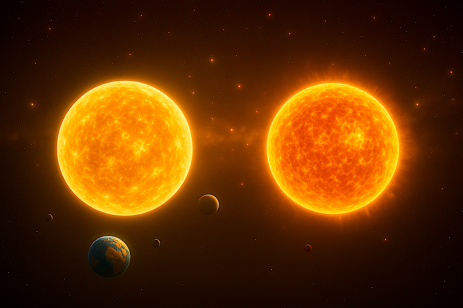 Zwei Sterne hinter der Erde: HD 7977 (li, etwas größer) und unsere gute, alte Sonne.