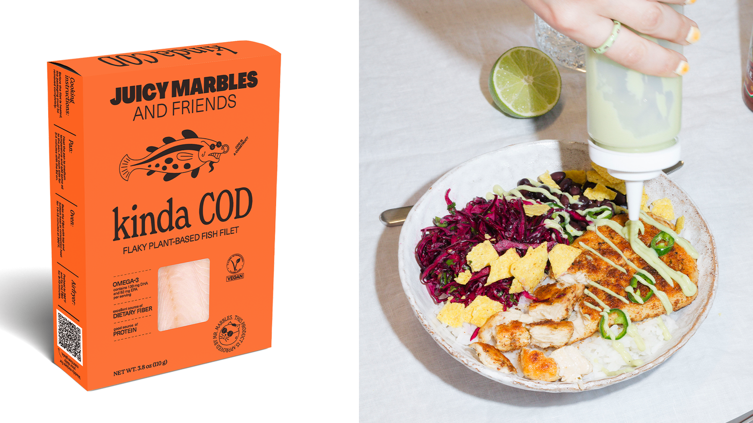 Mit dem Launch von Kinda Cod (Bild li.), einem zarten pflanzlichen Weißfischfilet, schaffen die beiden Unternehmen die neue Produktlinie 