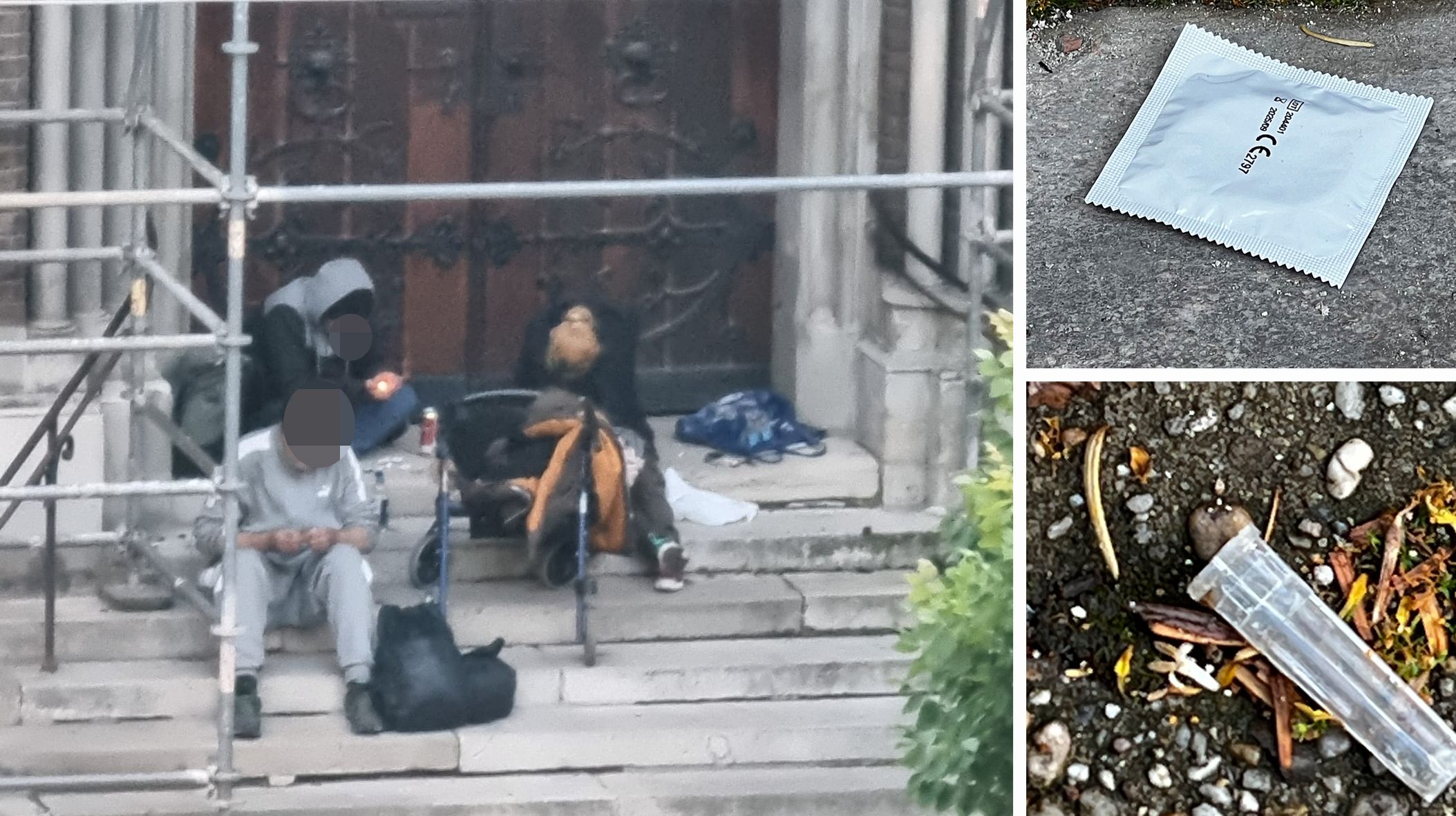Junkies sitzen auf der Kirchentreppe der Lazaristenkirche in Neubau. Auf dem Boden: Kondome, Drogenverpackungen, Müll.