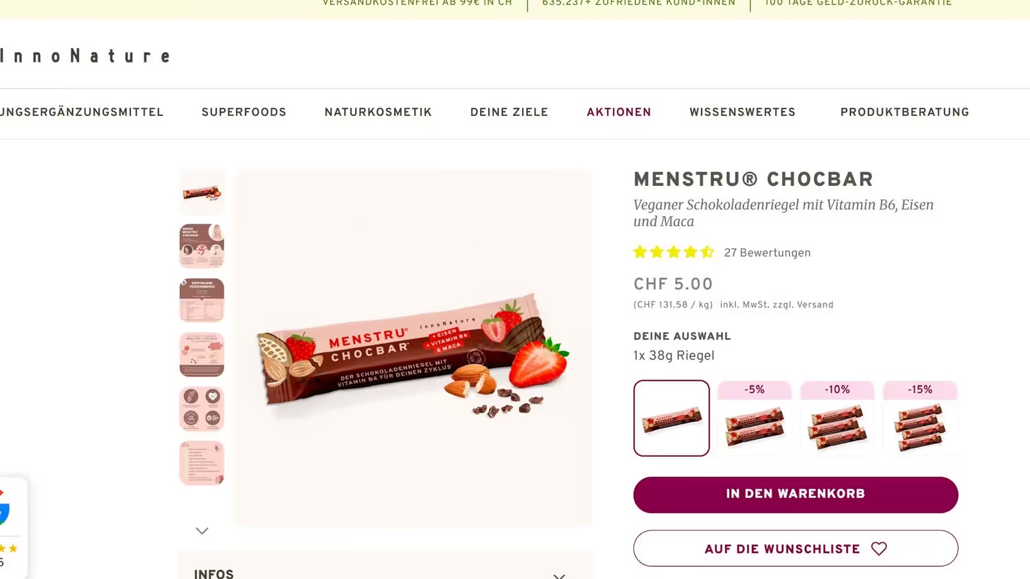 Der Riegel von Innonature wird als veganer Riegel beworben.