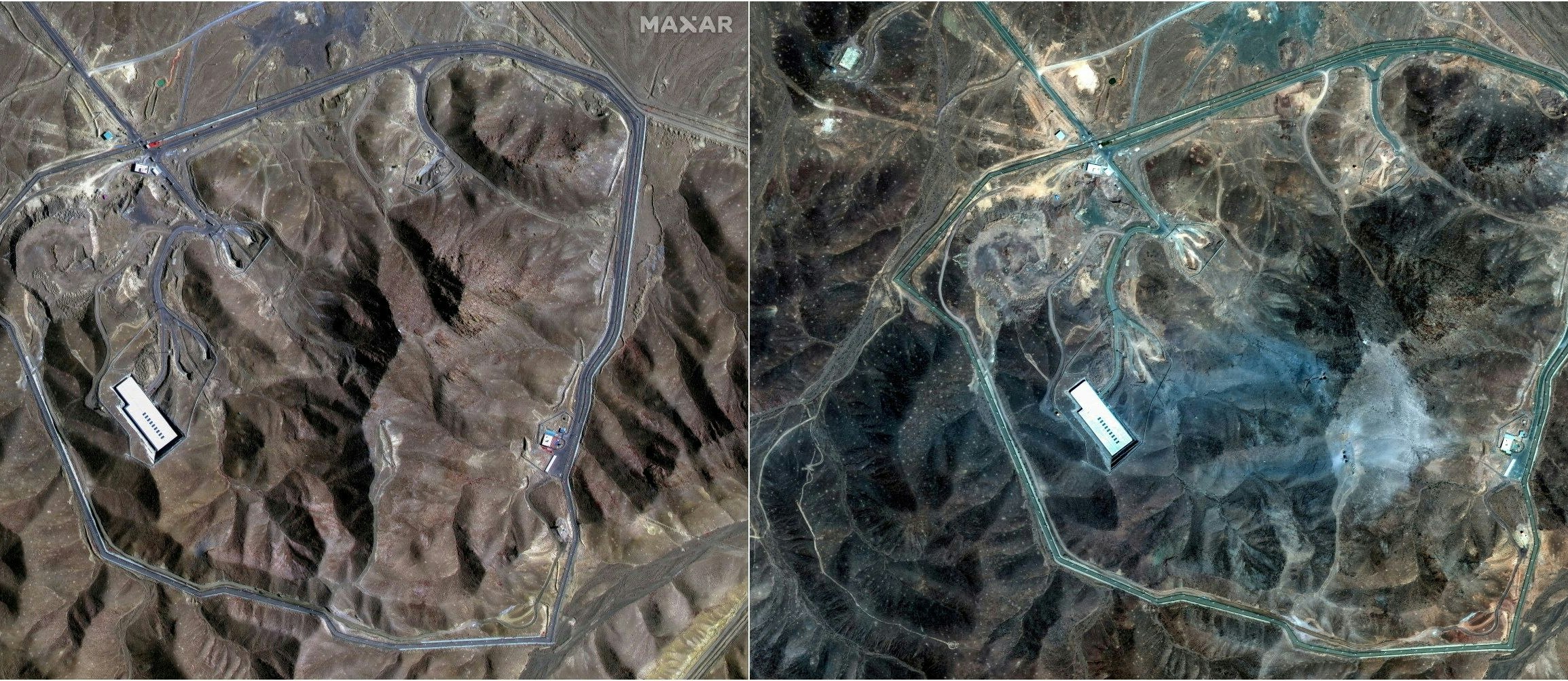 Diese Kombi-Aufnahme zeigt den unterirdischen Komplex in Fordow vor und nach dem US-Angriff. Links ein Satellitenbild vom  20. Juni, rechts vom 22. Juni.