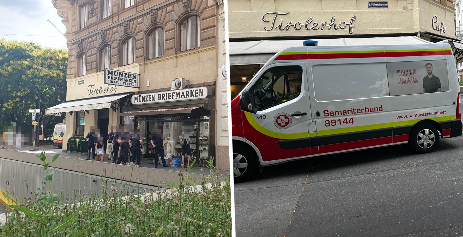 Polizei und Rettungskräfte vor dem Münz- und Briefmarkengeschäft in der Tegetthoffstraße – hier wurde eine 80-jährige Frau brutal überfallen.