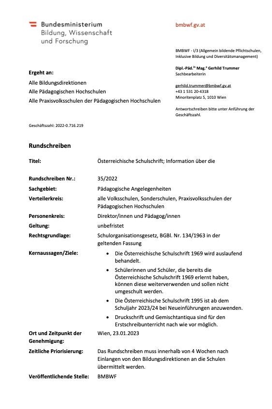 Erlass des Ministeriums: "Die Österreichische Schulschrift 1969 wird auslaufend behandelt"