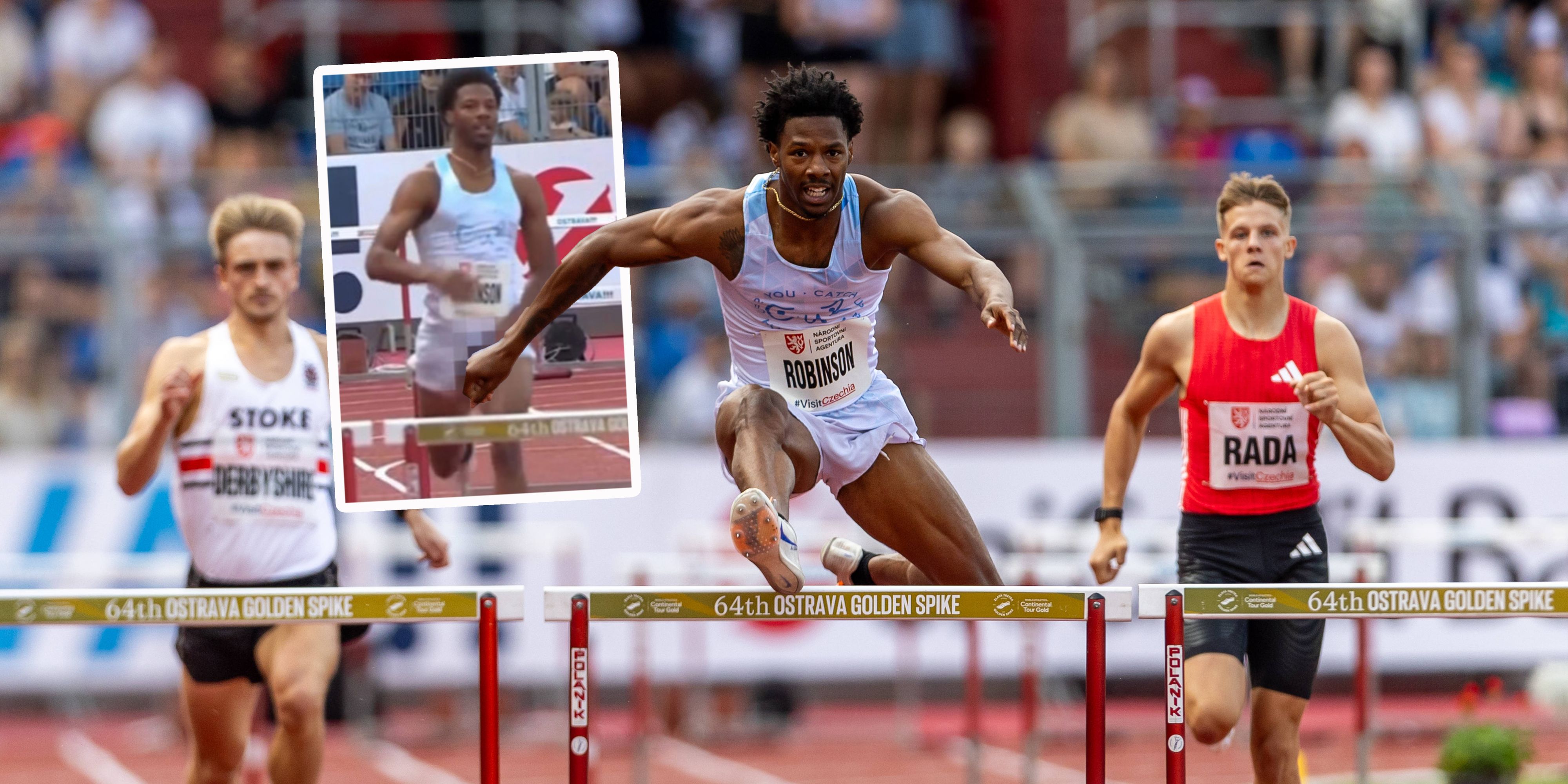 Chris Robinsons bestes Stück schwingt beim Hürdenlauf plötzlich im Live-TV frei.